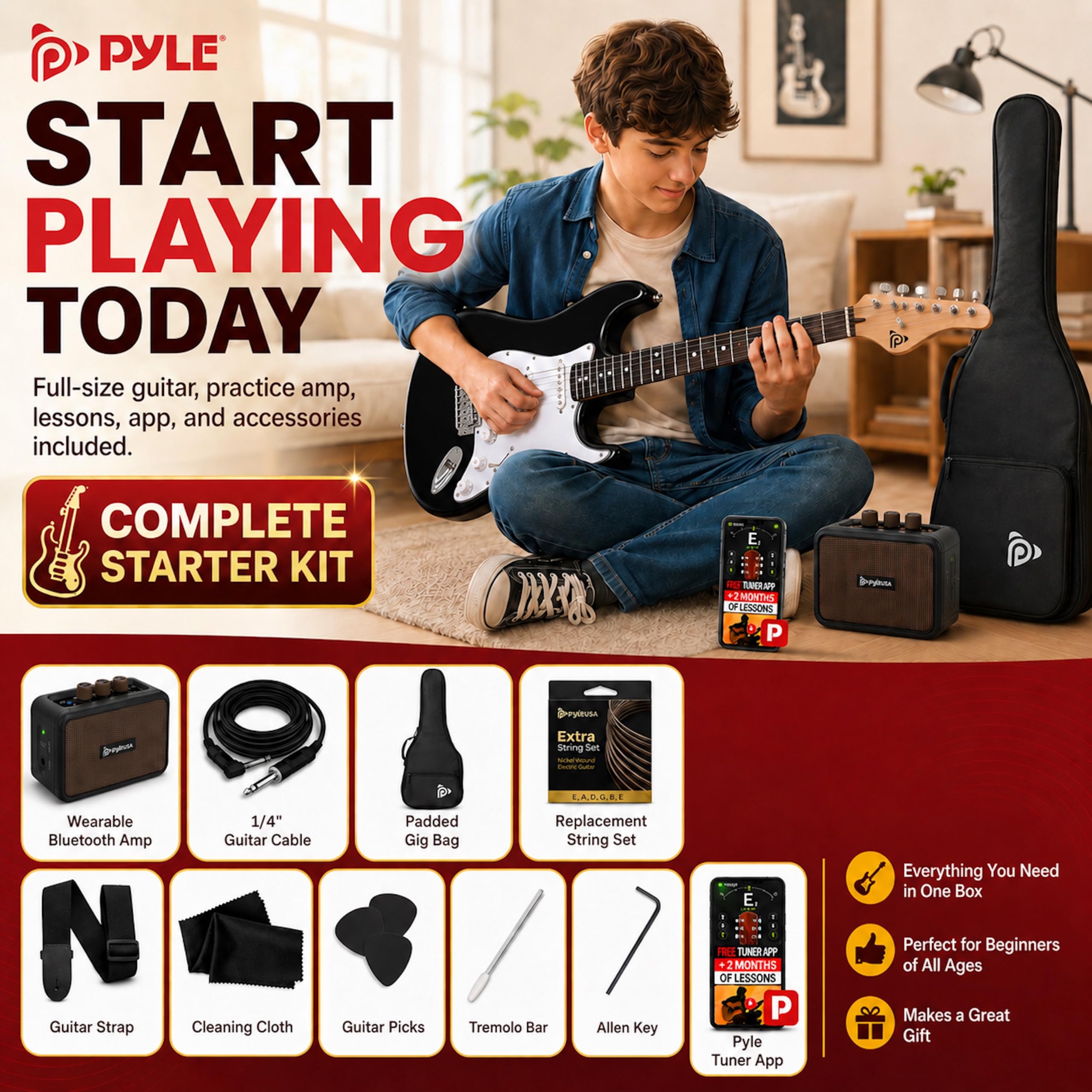 Pyle E-Gitarre Set Anfänger, ST-Gitarrenset mit 5W Verstärker, Gigbag, Gurt und Plektren, 22 Bünde, Schwarz