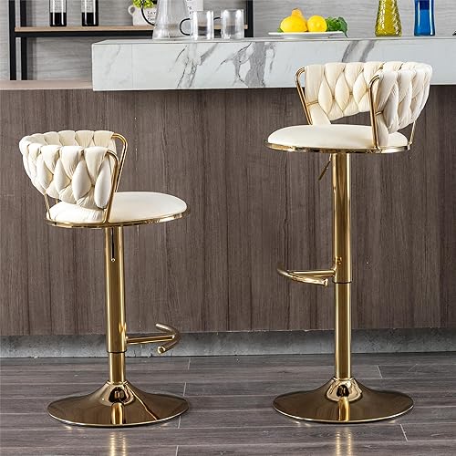 Miniatura 52 de Juego de 2 taburetes de bar de terciopelo giratorios con base de metal dorado, taburetes de bar modernos de altura de mostrador para cocina, pub,