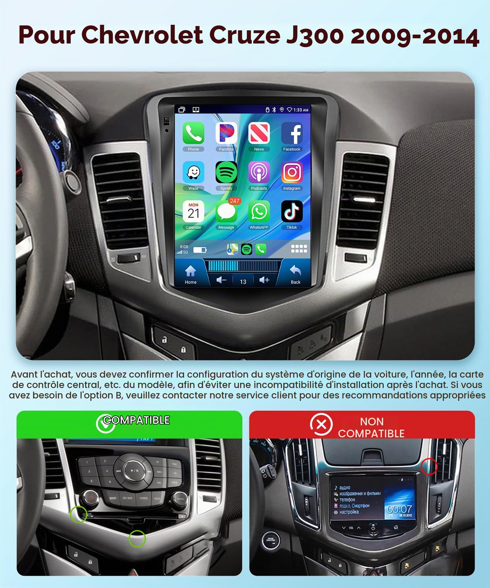 【4+64G】 Hodozzy Carplay Autoradio pour Chevrolet Cruze J300 2009-2014, 9.7 Pouce Touchsreen avec Android Auto/EQ/Mirror Link/WiFi/GPS/RDS/FM/Bluetooth 5.0/USB+Canbus