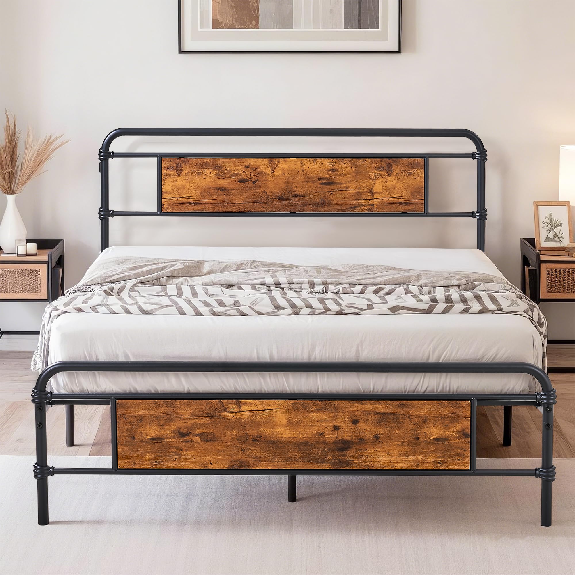 VECELO 13.6" High Queen Bed Frame with Wood Headboard and Footboard,Queen Size Metal Platform/Strong Slats Support/Under Bed Storage/No Box Spring Needed/Easy Assembly