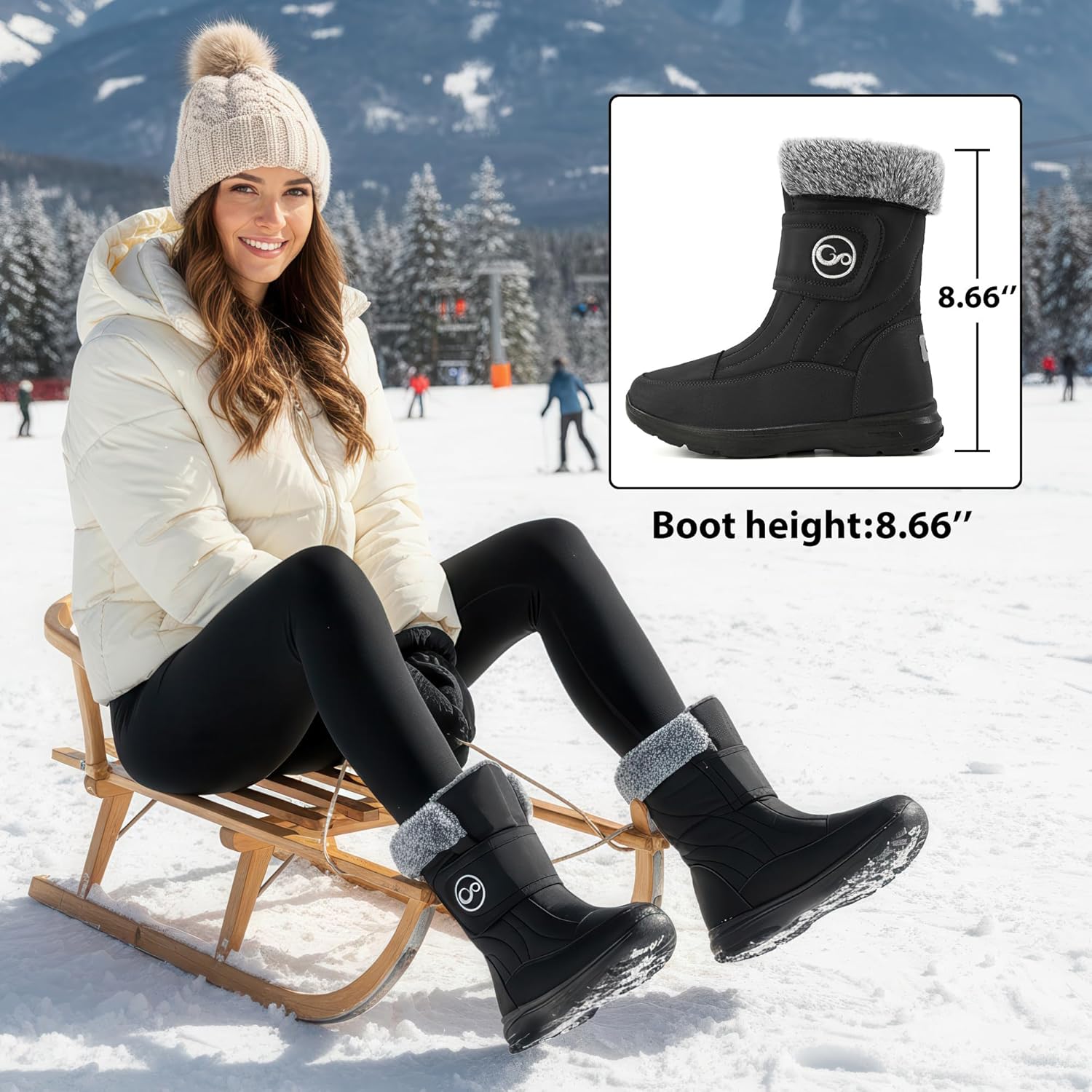 Almusen Snow Boots for Womens Winter Shoes: Warm Fur Lining Mid Calf Boots Women Anti Slip Waterproof Hook Loop Comfortable Outdoor Boot - Image 2