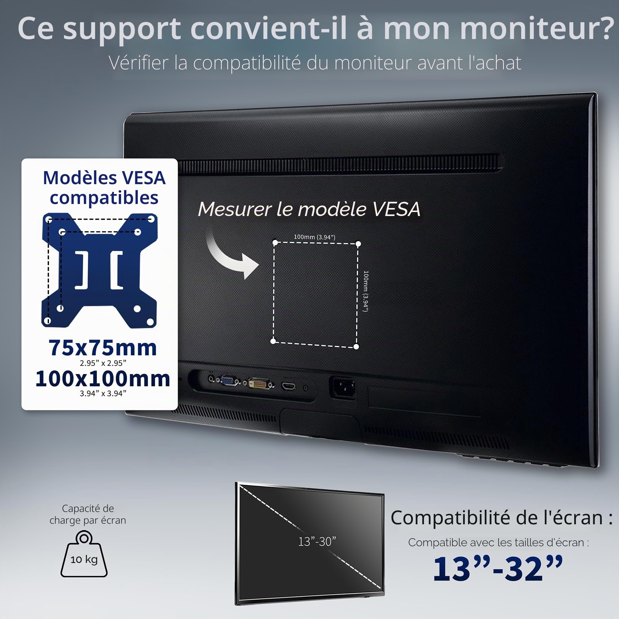 Vivo STAND-V002FG Support Autonome pour Deux écrans avec Base en Verre élégante et Bras réglables, Peut Supporter 2 écrans jusqu'à 32" et 10 kg chacun Noir