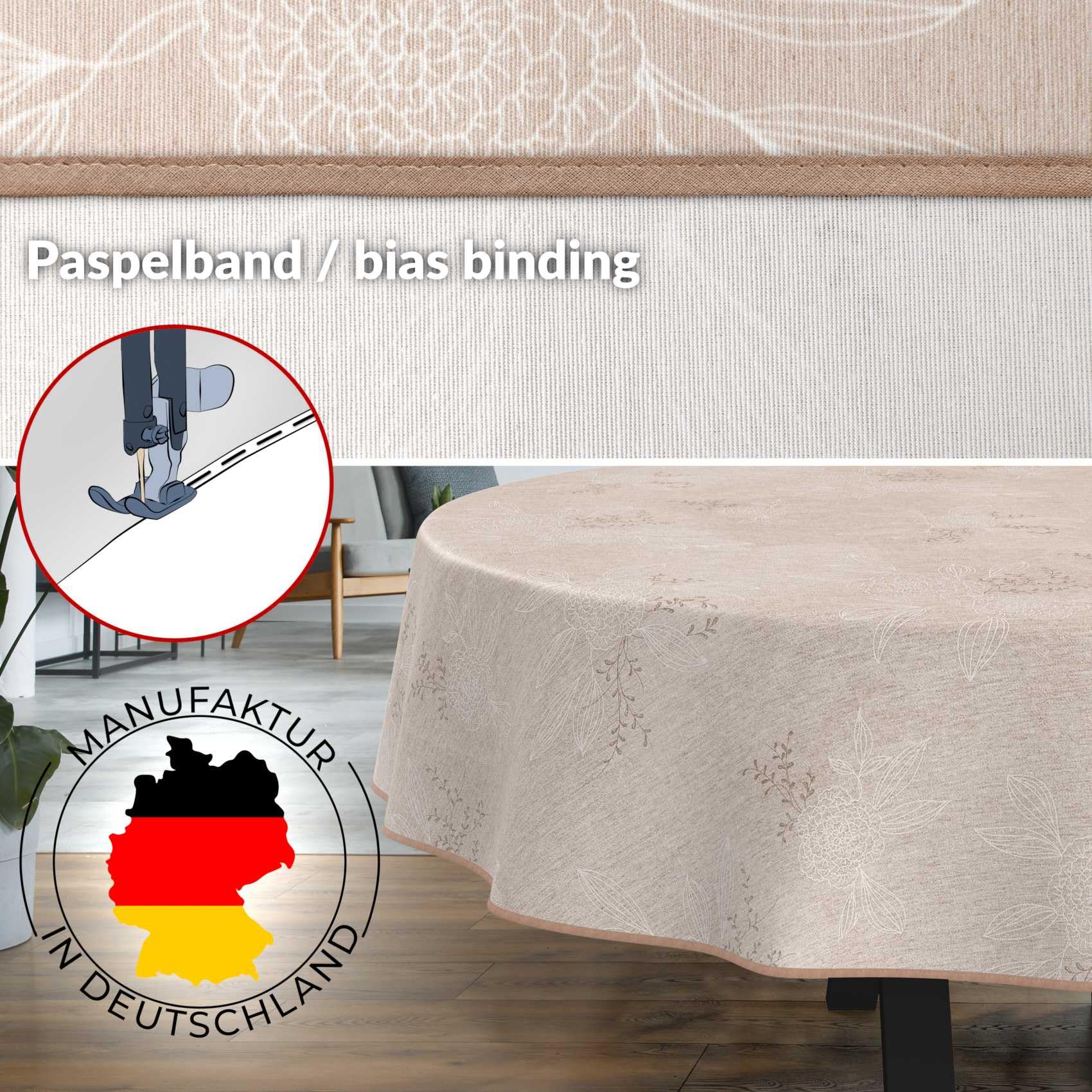 ANRO Tischdecke abwaschbar Japondi Beige mit Saum oval 220x140 cm