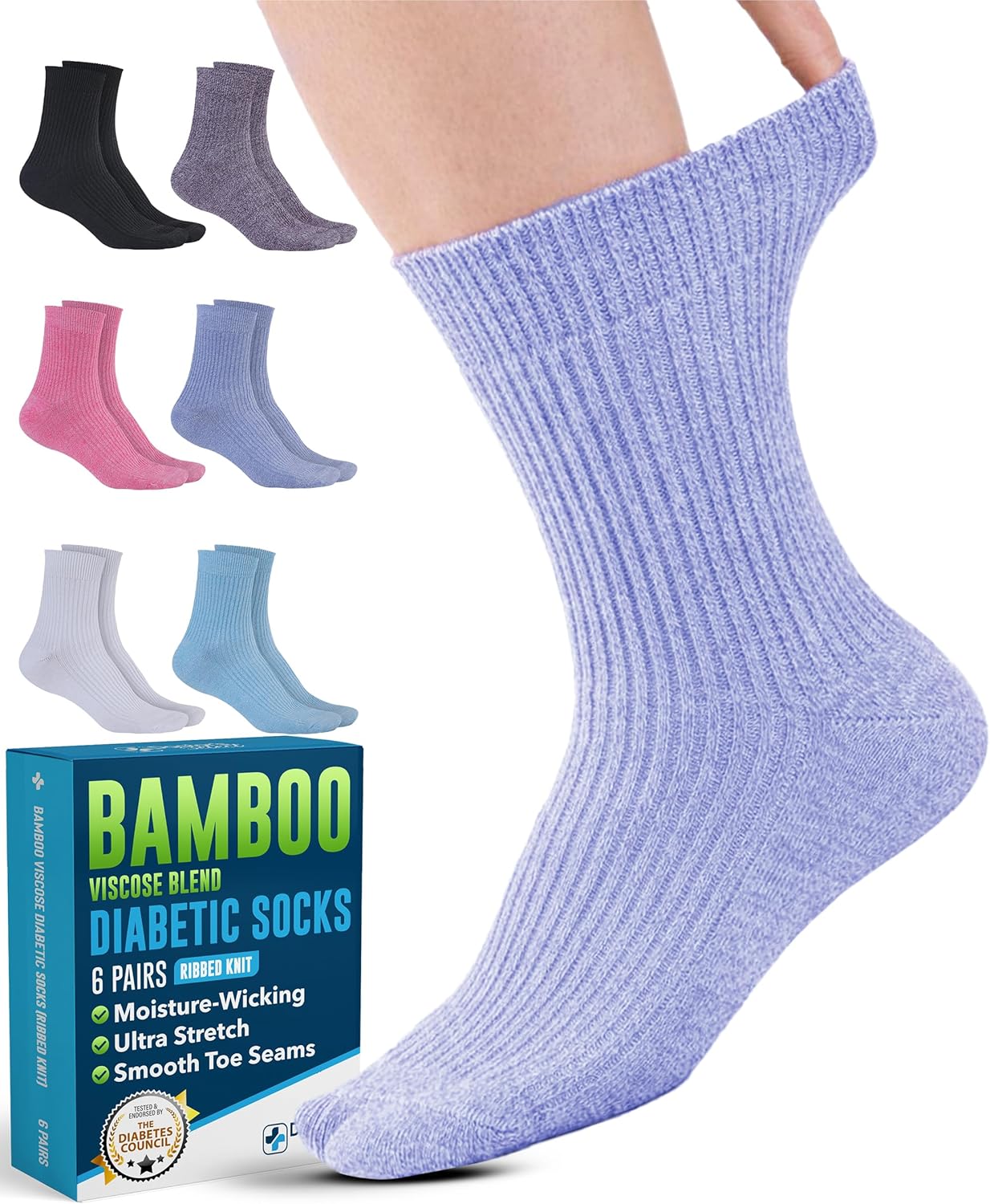 Doctor's Select Bamboo Viscose Diabetic Socks for Women & Men - 6 Pairs Non Binding Viscose Bamboo Socks for Swollen Feet