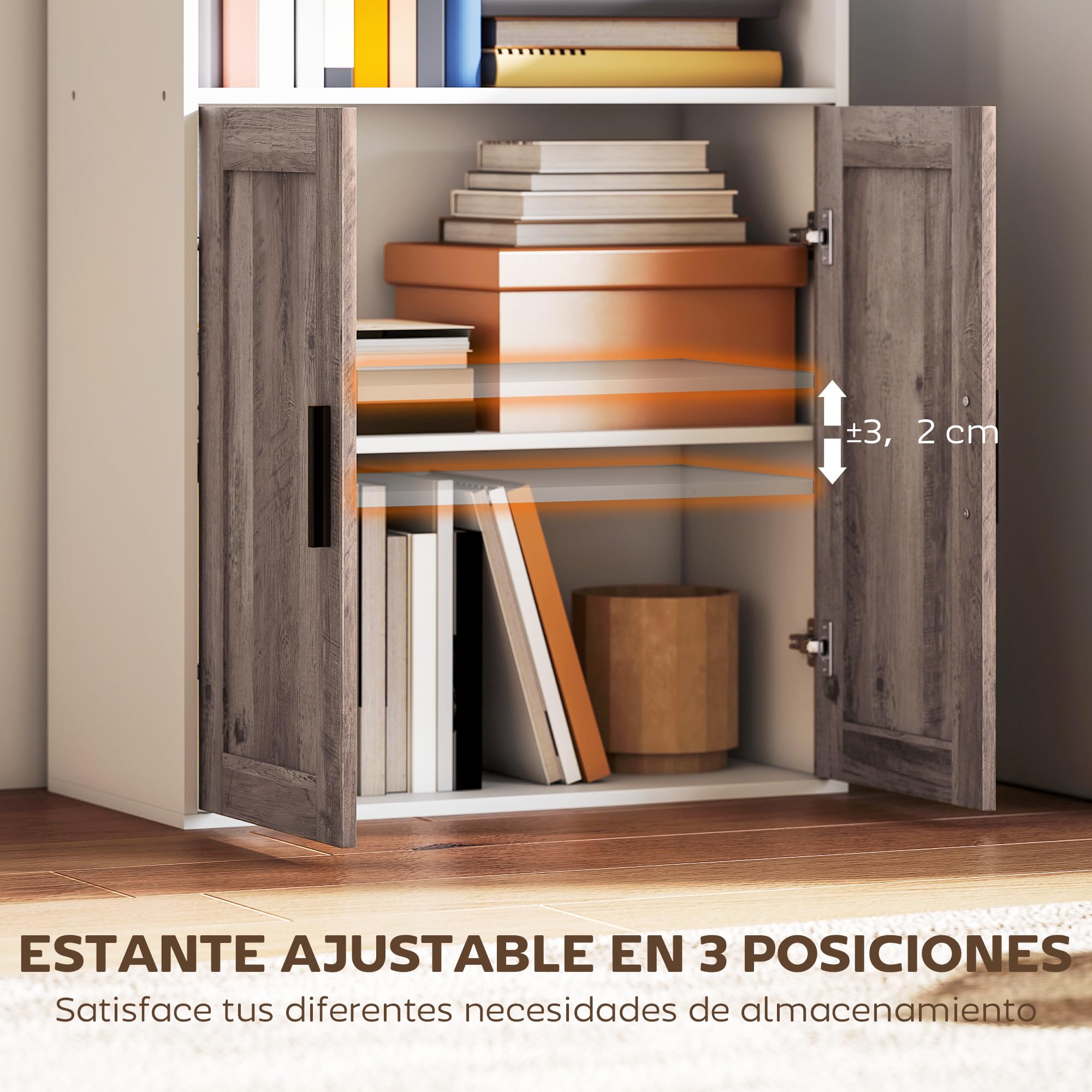 HOMCOM Estantería para Libros Estrecha 60x30x149,5 cm Blanco y Marrón | Librería con Puertas, Estantes Abiertos, Armario con Balda Ajustable, para Salón, Estudio, Oficina
