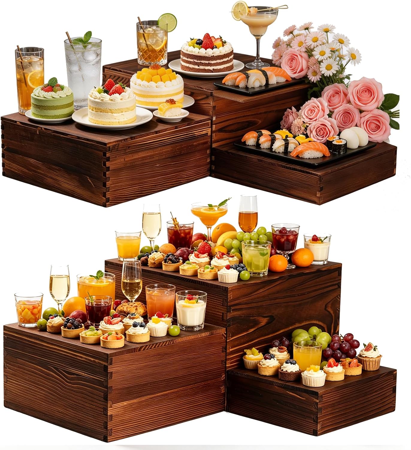 6 Pack Wooden Buffet Risers 12inch Dessert Table Display Set | Reusable Buffet Risers Display Stands for Party, Wedding, Coffee shops, Bakeries, Birthday