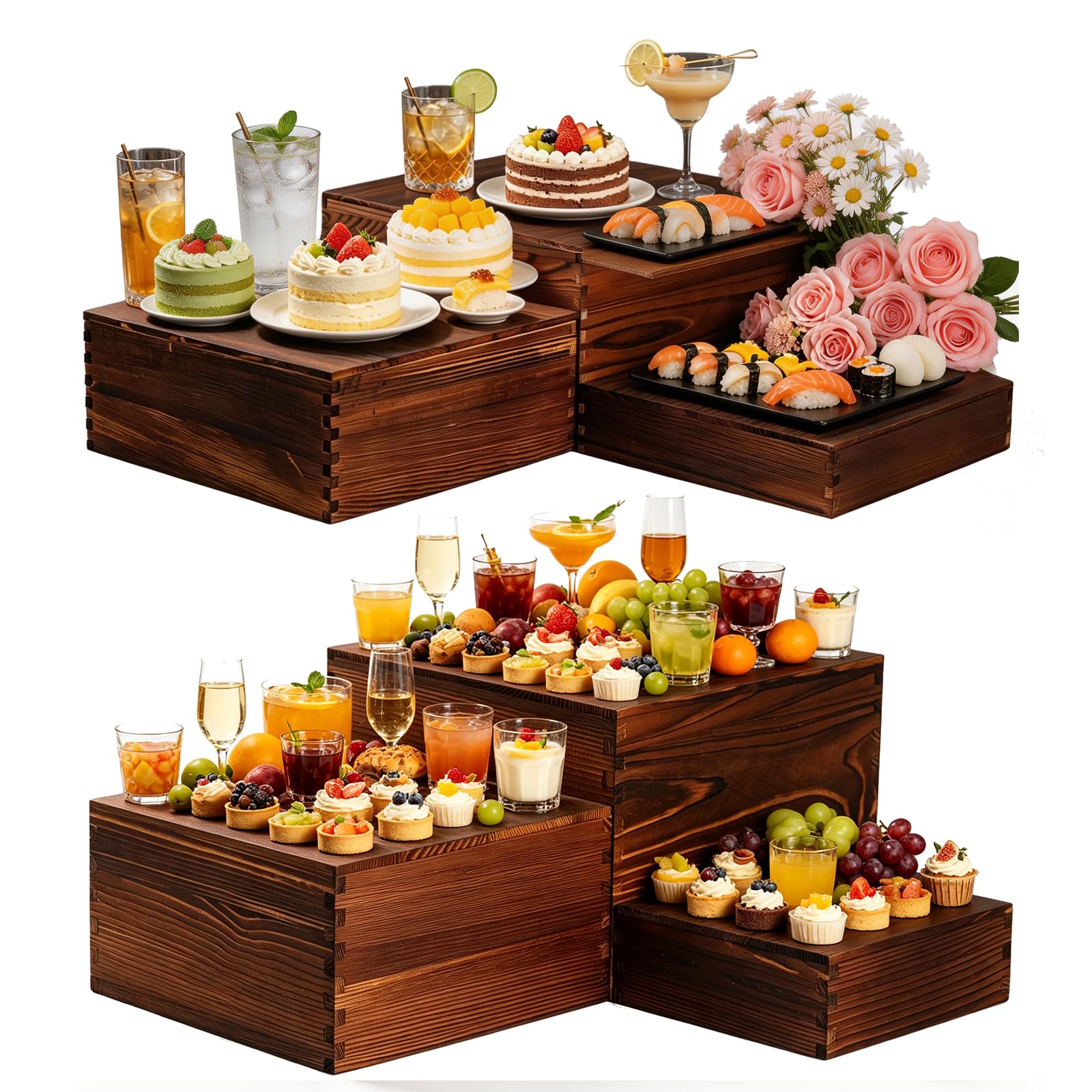 Photo 1 of WQLLWFC 6 Pack Wooden Buffet Risers 12inch Square Wood Cupcake Dessert Food Display Stands, Rustic Buffet Catering Supplies Display for Party, Wedding, Catering, Birthday and Home Decor