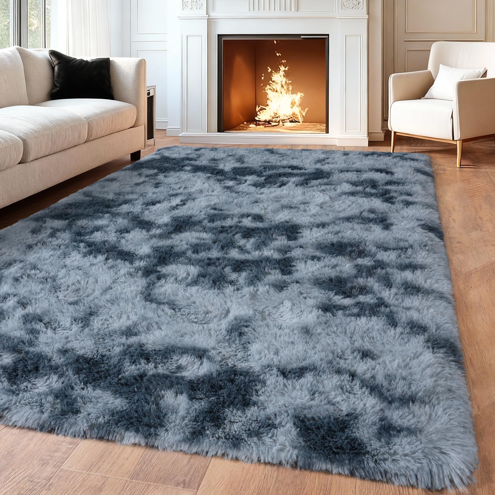 iEvery Rugs for Living Room 140x200 cm - Fluffy Shaggy Area Rug for Bedroom, Soft Non Slip High Pile Modern Floor Carpet for Kids Room, Blue and Grey