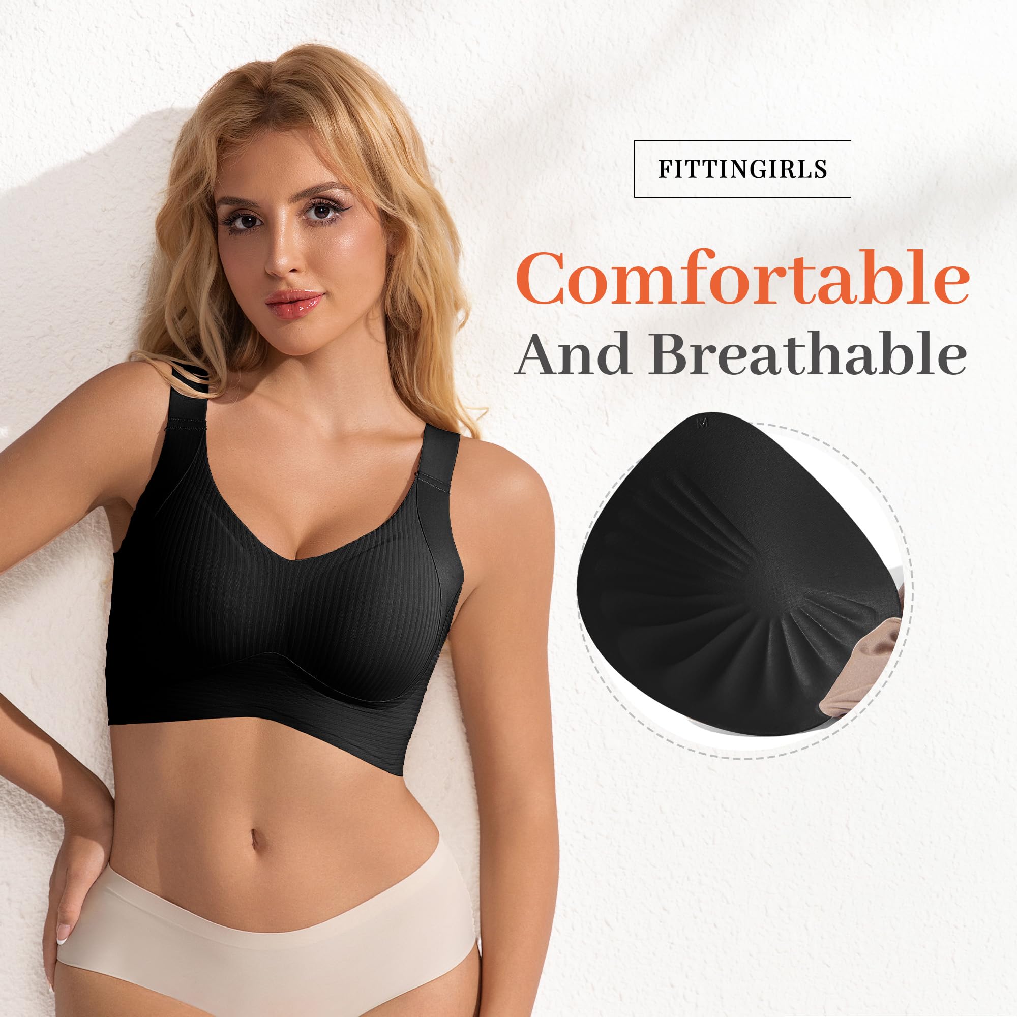 Fittingirls Reggiseno Plus-Size Senza Ferretto con Supporto, Traspirante Coppe Imbottite Copertura Totale Adattabile - per Uso Giornaliero