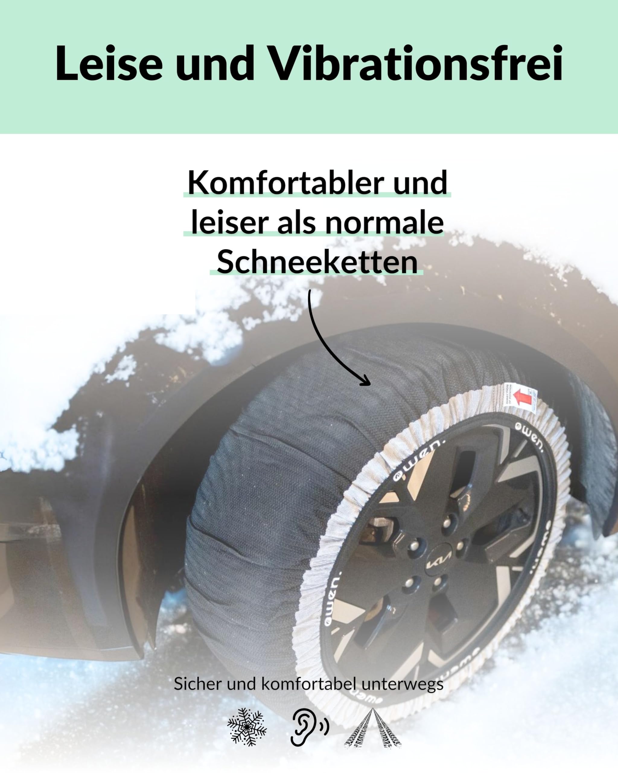 OWEN Schneeketten Textil (Paar) | Die Schnelle Anfahrhilfe bei Schnee & Eis | Geeignet für ABS/ESP | 3D-Grip Traktion & Felgenschutz | Montage in 2 Min | XS-XXL (L)