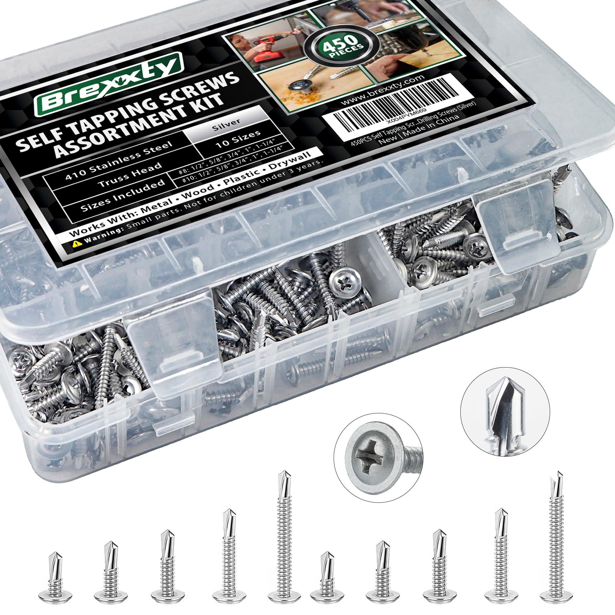 450 viti autofilettanti per metallo, legno e plastica, viti autofilettanti in acciaio inossidabile 410 di alta qualità, include #8 (1/2", 5/8", 3/4", 1", 1-1/4") #10 (1/2", 5/8", 3/4") 2 cm. 5 cm