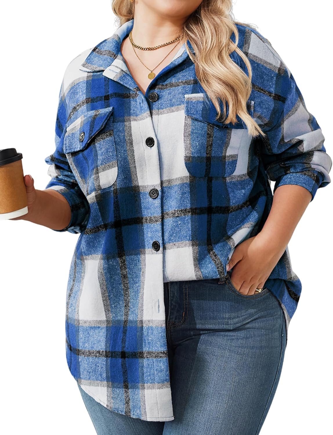 Zeagoo Women's Plus Size Flannel Plaid Shacket Button Down Flannel Shirts Long Sleeve Casual Fall Jacket 2024