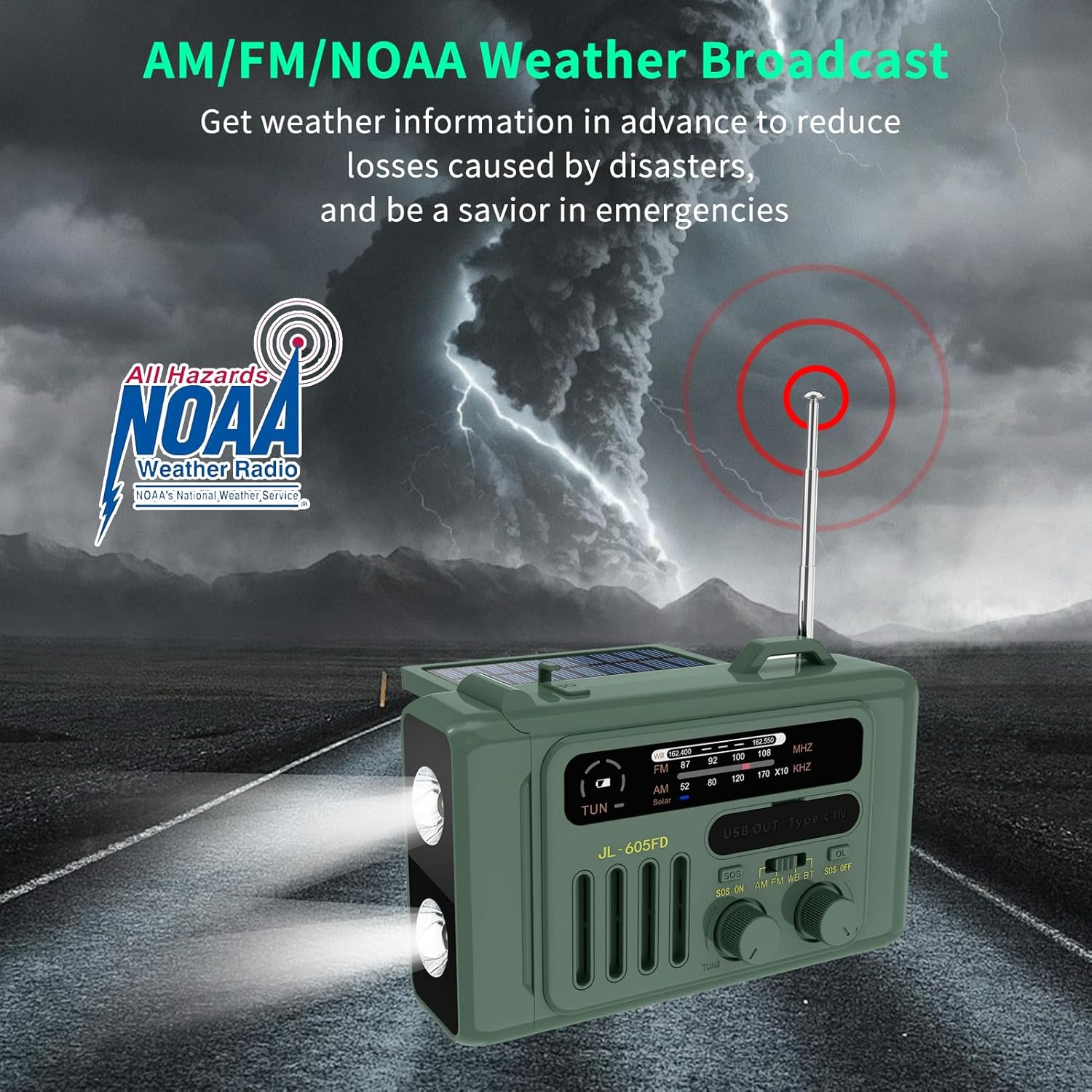 Solar Hand Crank Emergency Radio,NOAA/AM/FM with LED Flashlight & Reading Lamp,USB Type-C/Solar/Hand Crank Charging,Bluetooth Speaker,SOS Alarm&Compass for Camping Indoor Outdoor Emergencies (Green)