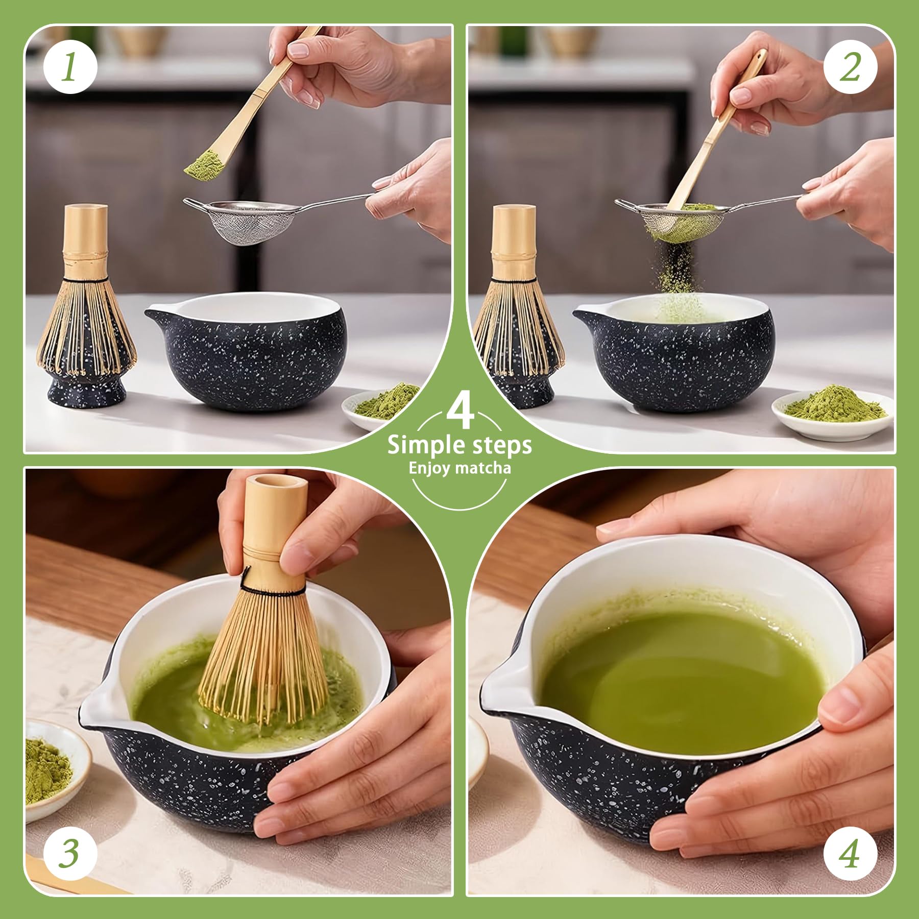 Set Matcha – Ciotola in Ceramica con Beccuccio Ergonomico, Frusta in Bambù, Cucchiaio e Supporto Inclusi, Kit Completo per la Cerimonia del Tè, Ideale per gli Appassionati della Cultura del Tè