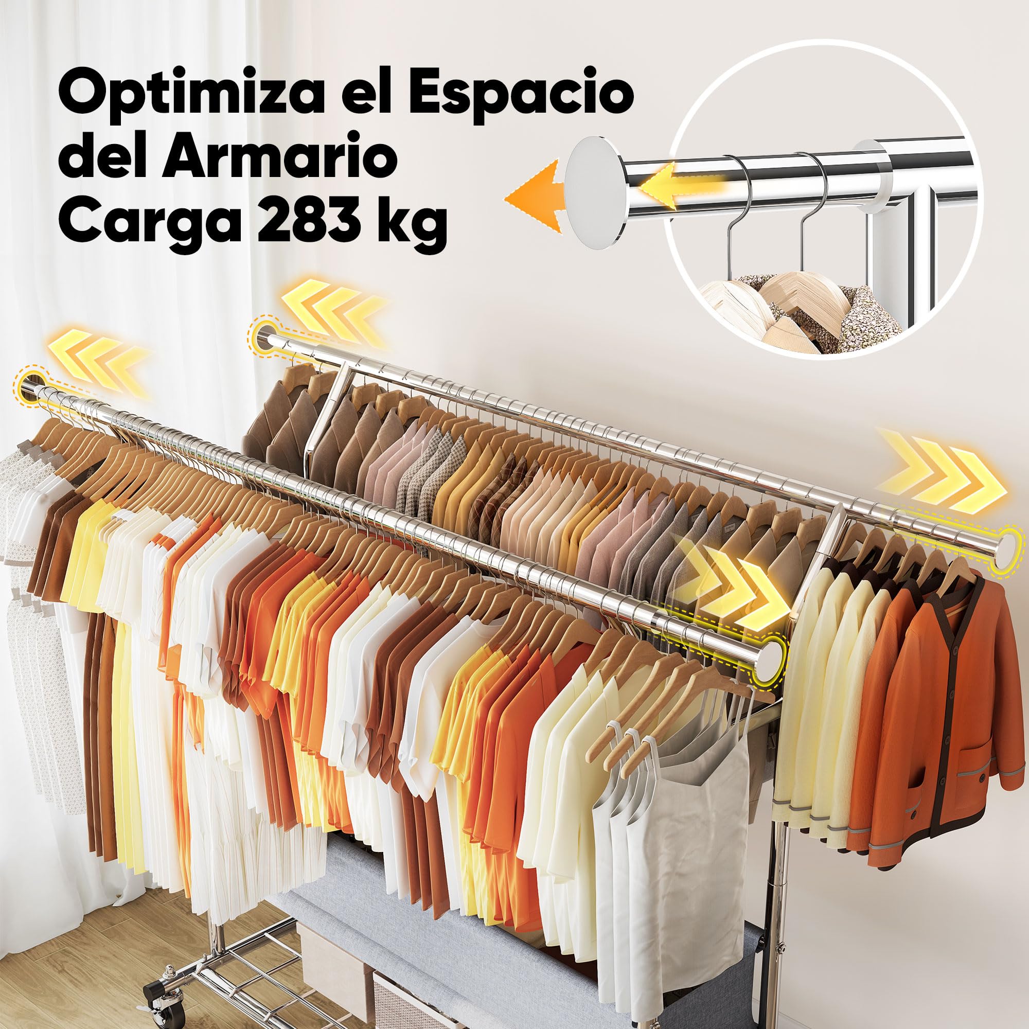 HOKEEPER Burro de Ropa Resistente de Doble Barra con Ruedas, 283kg, con Cesta de Tela y Estante, Extensible - Ideal para Dormitorio, Boutique | Perchero de pared con 4 ruedas, 2 bloqueos, fácil de montar, duradero