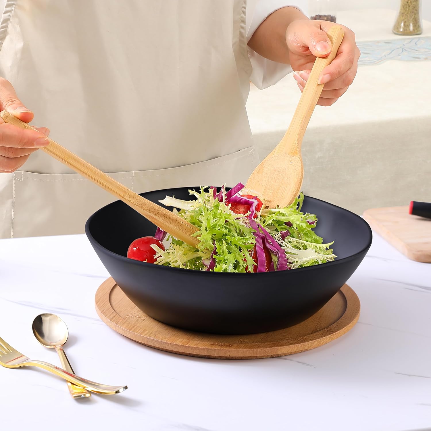 Melamine Large Salad Bowls, 12'' Unbreakable Serving Bowls for Salads, Fruits, Pasta Entertaining, Dinner Parties, Dishwasher Safe bowls, BPA-free, Set of 2, Matte black - Image 3