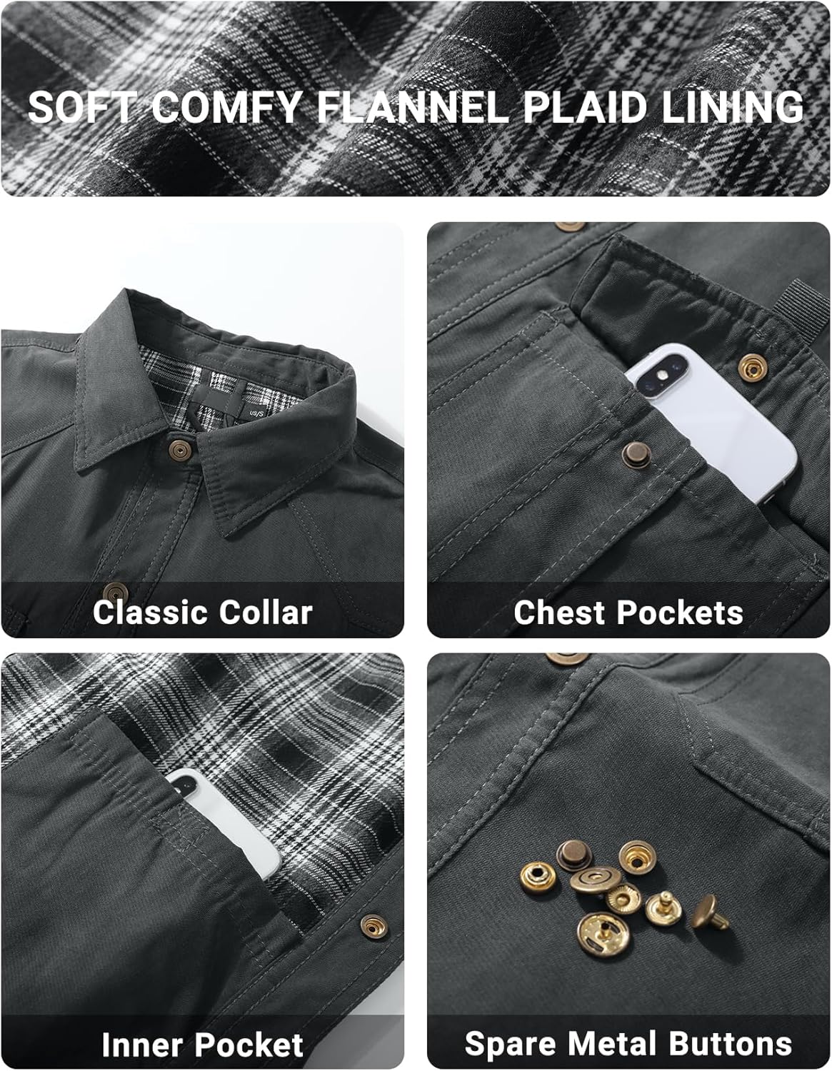 Eisctnd Men's Flannel Lined Shacket Lightweight Warm Snap Western Plaid Shirt Jacket for Outdoor Cowboy Casual Work - Image 5