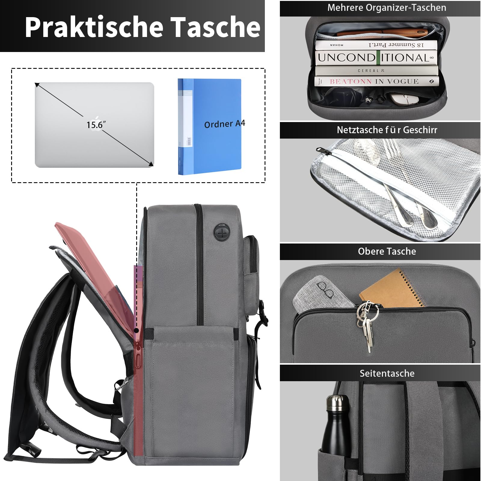 BERTASCHE Zaino Lunch Laptop 15,6 Pollici con Borsa Termica Isolata per Uomo e Donna, Zaino da Lavoro 2 in 1 per Università, Affari, Pendolari, Viaggi, Grigio