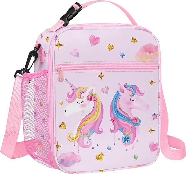 Clastyle Kids Insulated Lunch Bag for Girls | Large Portable Lunch Cooler Bag for Outdoor Picnic, Back to School, Lightweight Lunch Tote with Bottle Holder, Straps | Pink Unicorn Heart