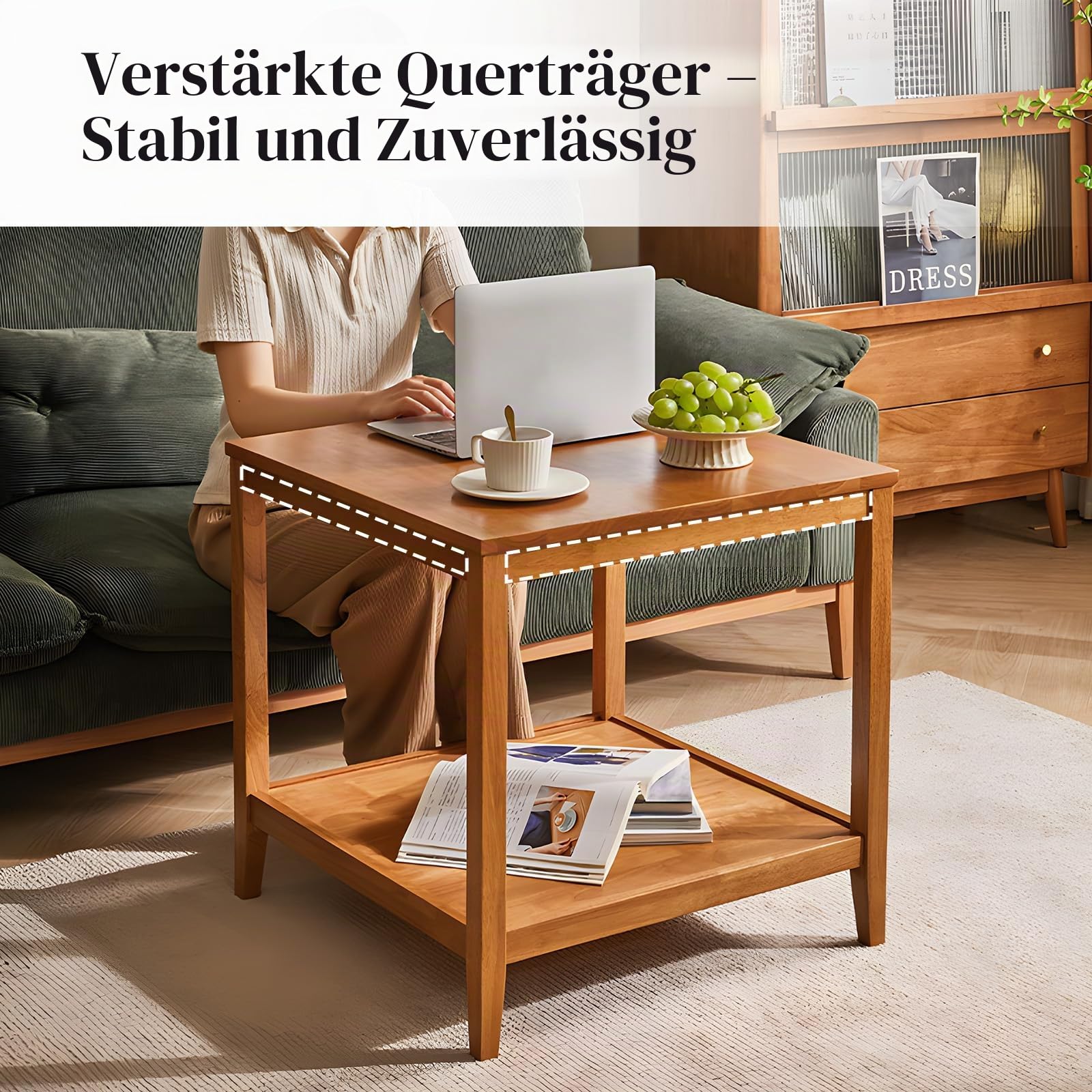 Beistelltisch aus Massivholz, Quadratischer Couchtisch mit Ablage, 2-Ebenen Kaffeetisch für Wohnzimmer, Nachttisch aus Gummibaumholz, 60 x 60 x 60 cm (Natur)