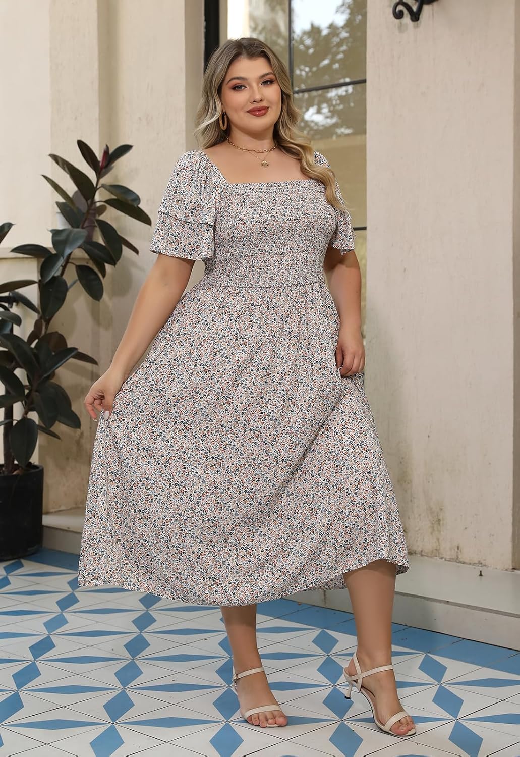 Nemidor Plus Size Summer Print Midi Boho Dress for Curvy Women Casual Smocked Floral Long Beach Dresses with Pocket 16-26 - Image 4