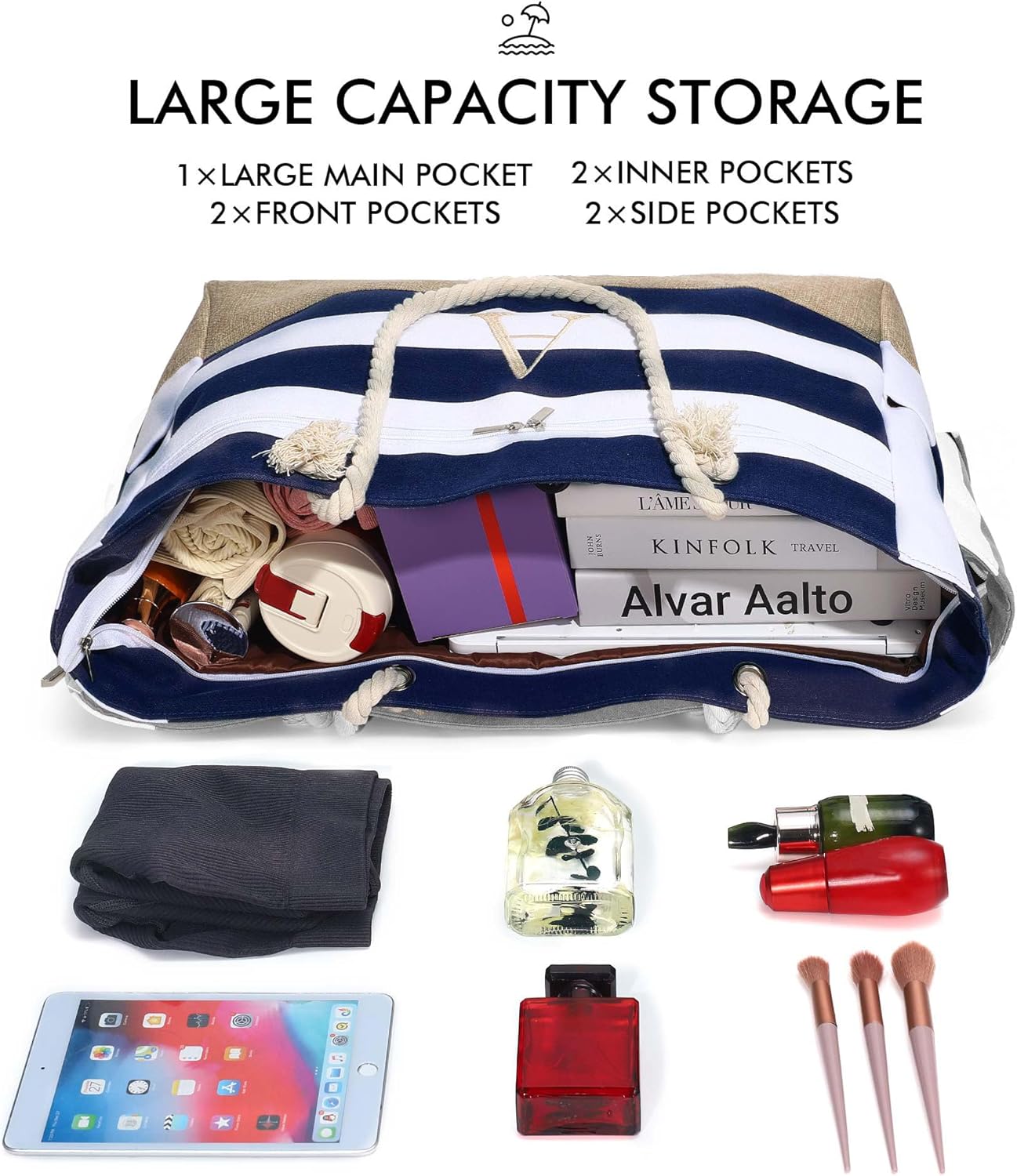 YOOLIFE Large Initial Beach Bag Waterproof Tote Zipper Bag Personalized Gifts for Women Her Birthday Travel Beach Essential - Image 4