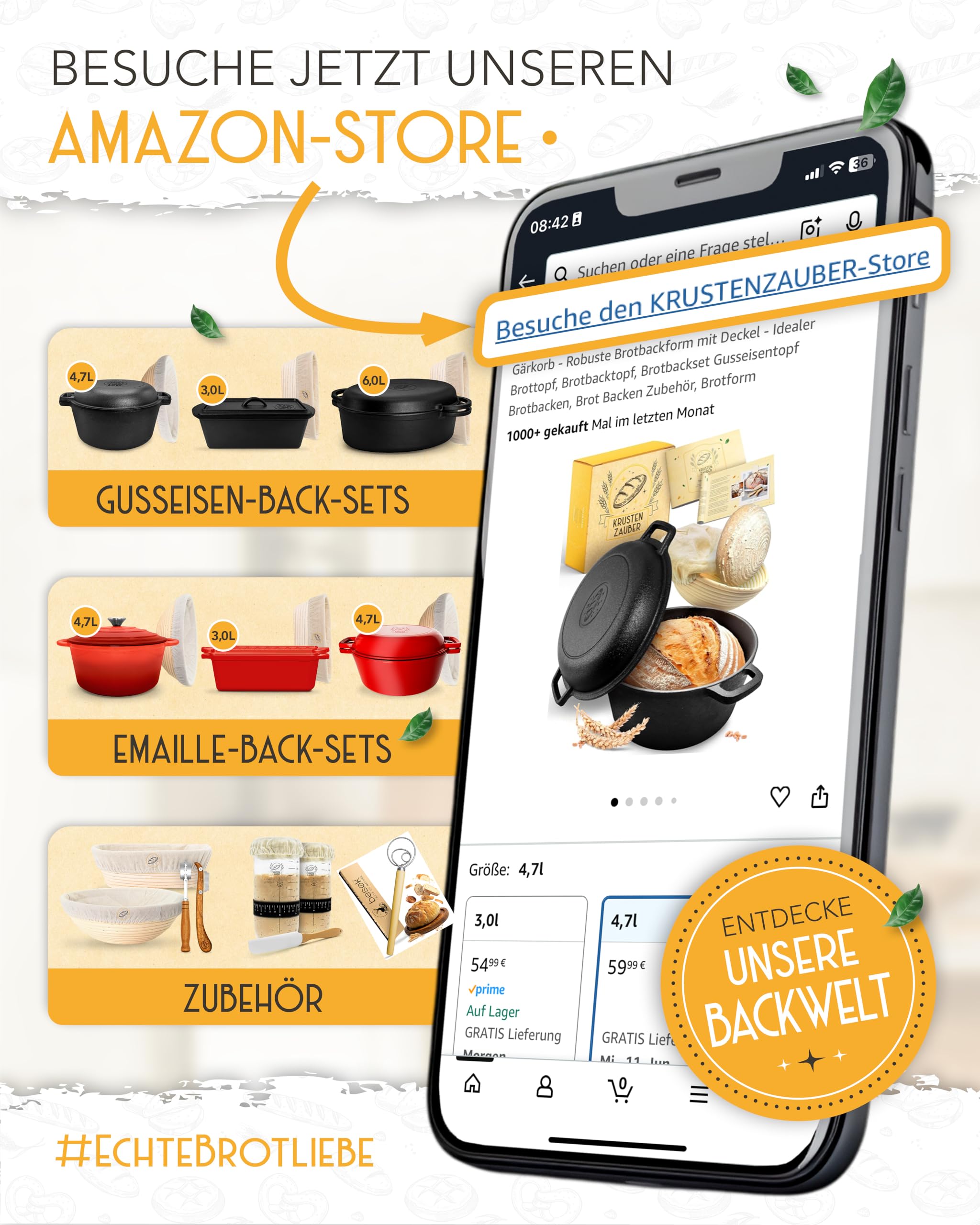 Gusseisen Topf Brot Backen emailliert im XXL Set - Brotbackform mit Deckel inkl Gärkorb, Schneebesen, Bäckermesser, Teigschaber, Brotschlinge etc. Perfektes Brotbacktopf Set für Anfänger
