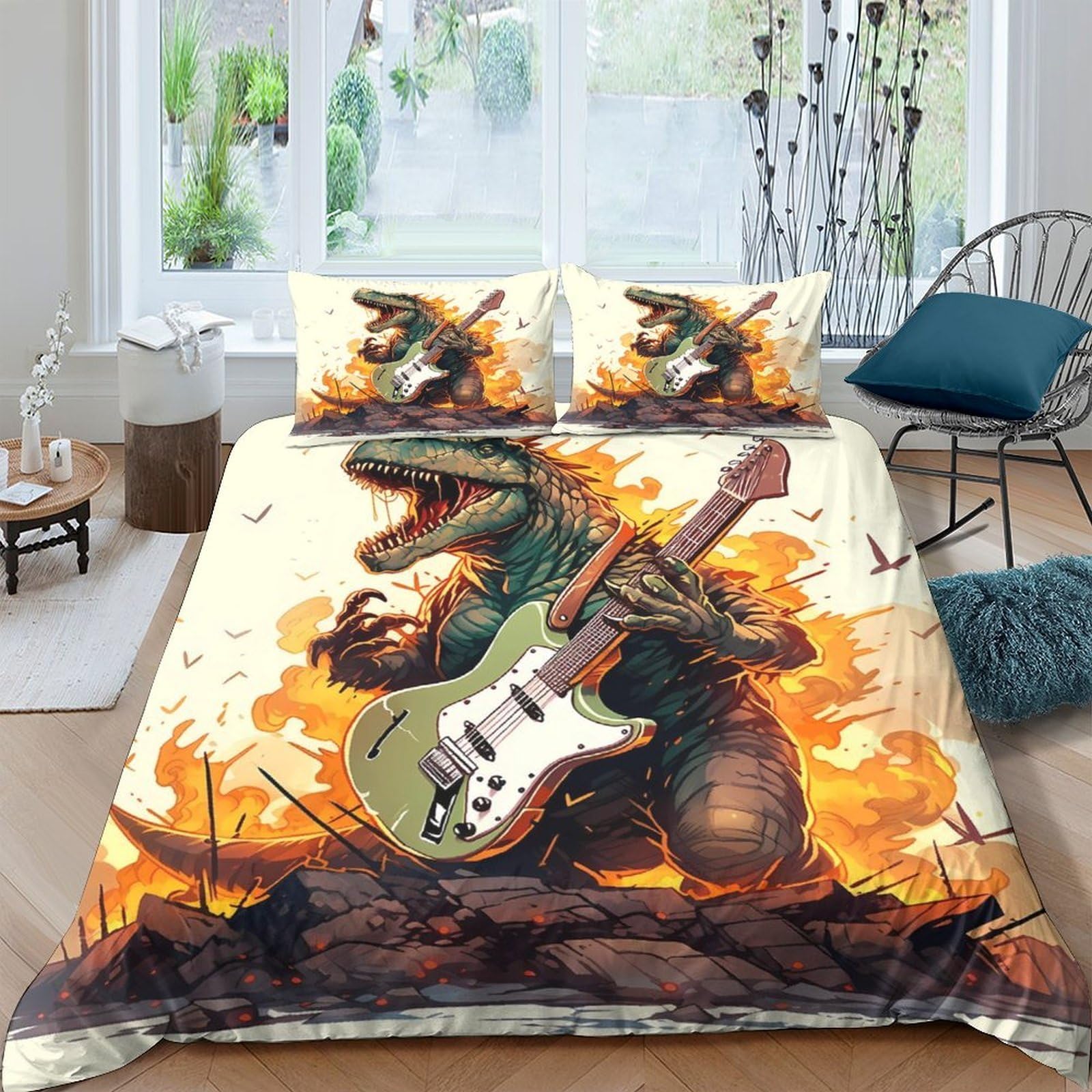 Ctjqhvkz Style-8 3D Printed Dinosaur Rock Guitar Fitted Sheet Microfiber Bedroom Decor Orange Artistic Mattress Cover Single（135X200cm）