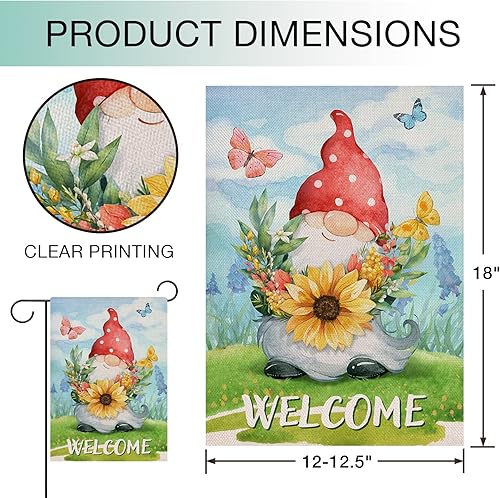 Miniatura 2 de Hzppyz Bandera de jardín con diseño de gnomo de primavera, girasol, flores silvestres, doble cara, sombrero de lunares rojos, mariposa, floral,