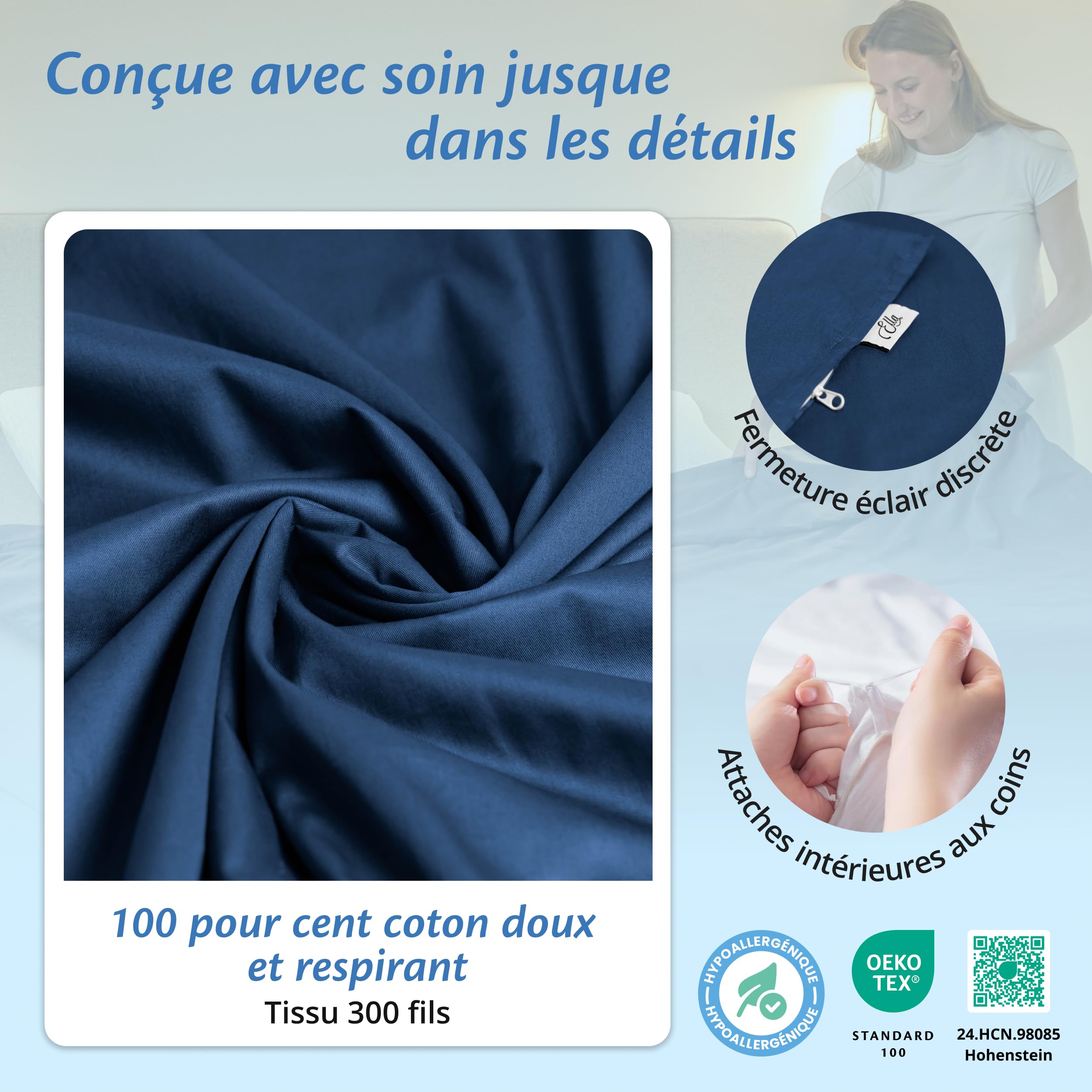 Ella Housse de Couette 150x200 cm pour Couverture Lestée Adulte - 100% Coton - Idéale pour couvertures pondérées de 7 kg et 9 kg - Bleu Marine