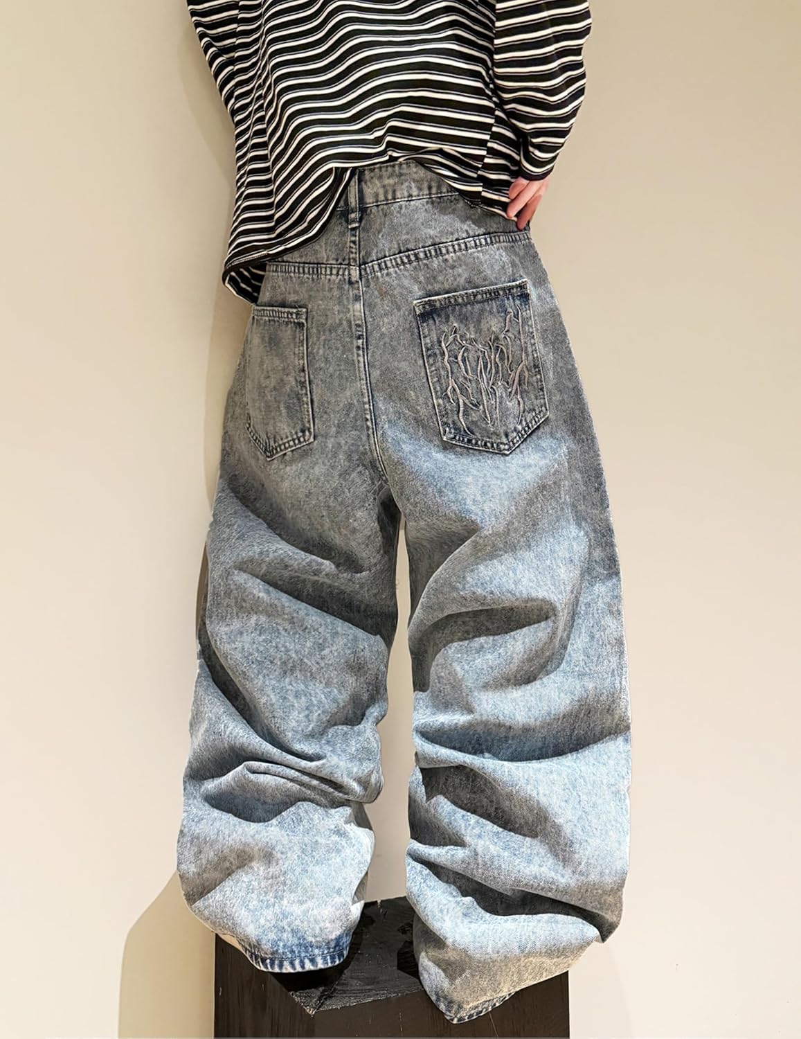 Mens Baggy Jeans Spider Web Patch Wide Leg Jeans Hip Hop Denim Pants Loose Fit Skater Jean Trousers - Image 3