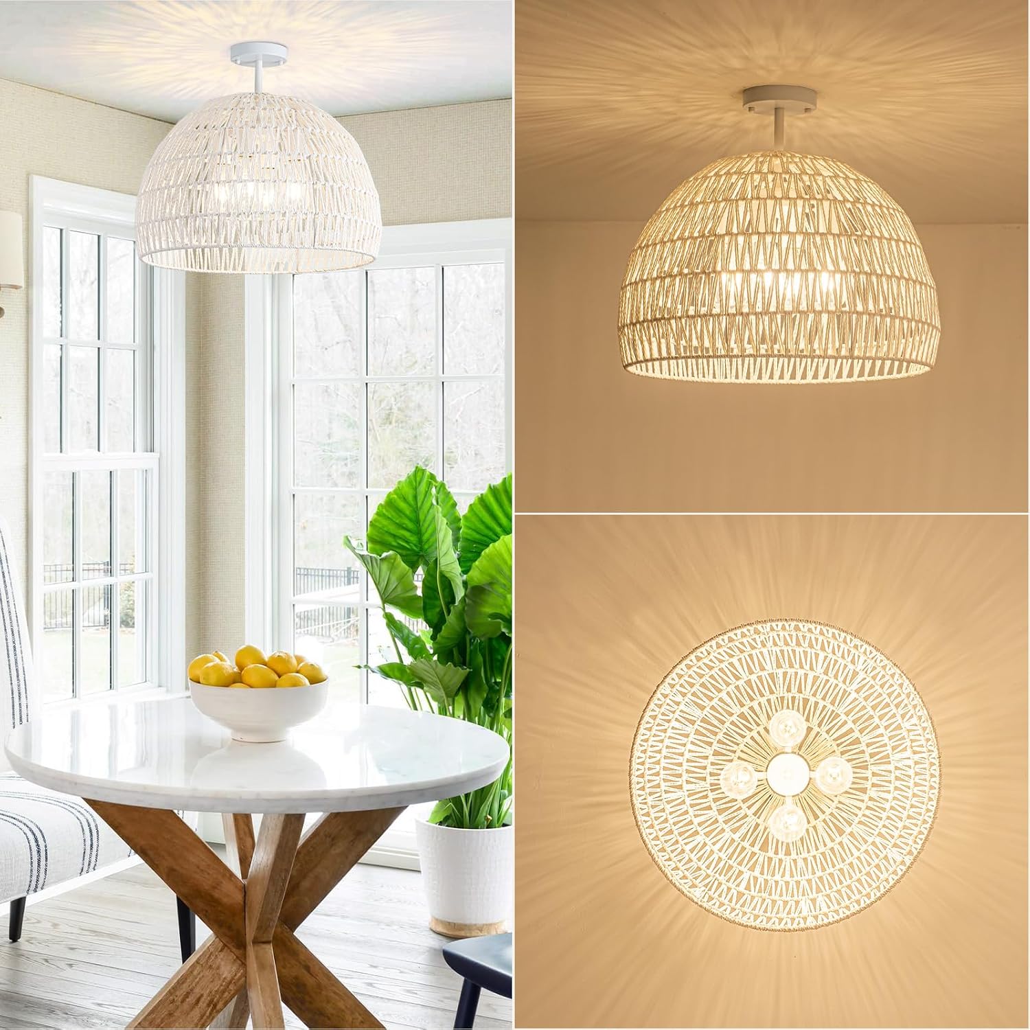 Rattan Ceiling Light Fixture, 4-Light Boho Semi Flush Mount Ceiling Light, 20" Wicker Light Fixture with Handmade Woven Cage Lampshade, Rattan Chandelier for Bedroom Hallway Nursery Kitchen Farmhouse