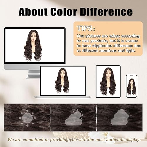 Miniatura 8 de NAYOO Pelucas largas onduladas para mujer, color marrón oscuro, peluca de fibra sintética resistente al calor, para uso diario en fiestas, 26