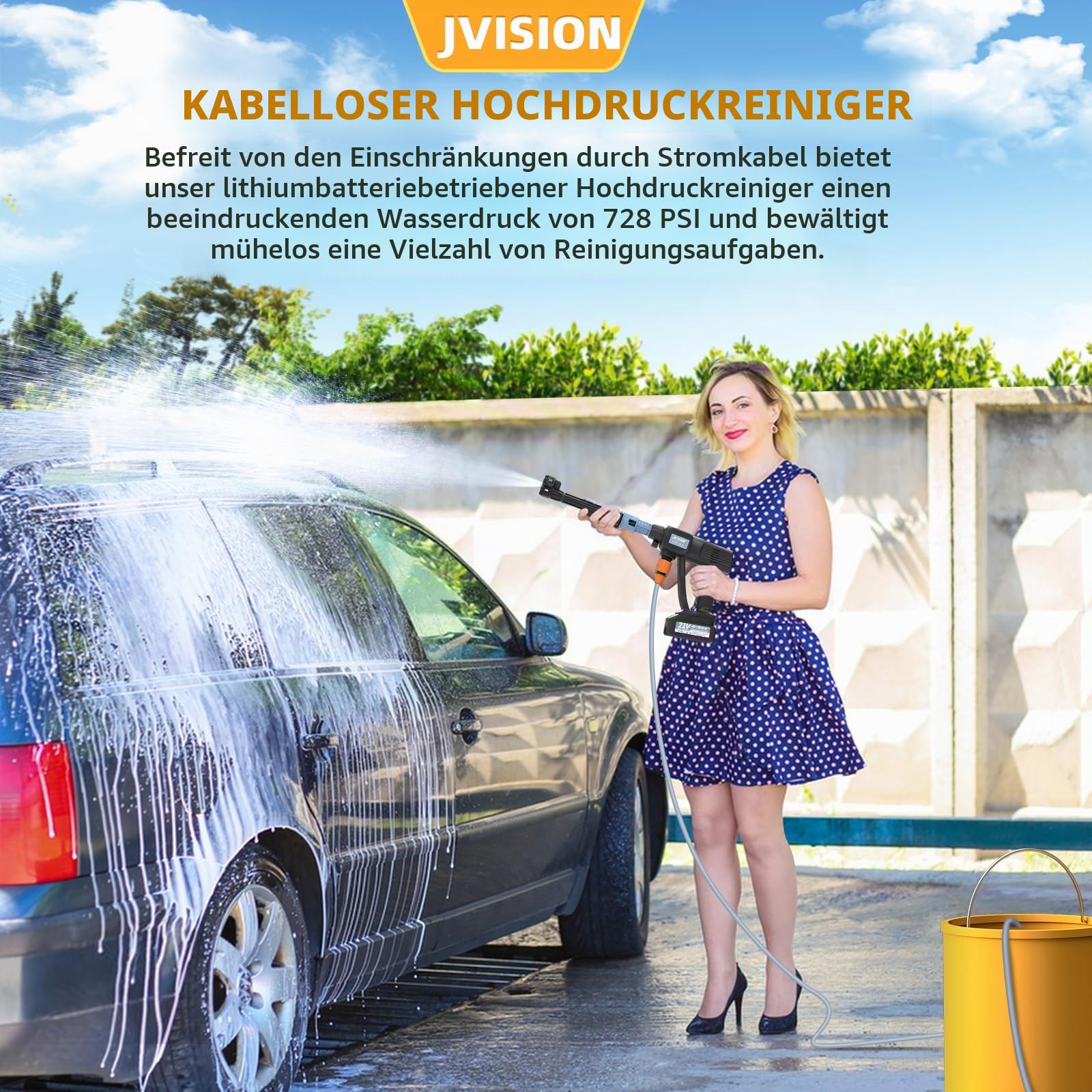JVISION Akku Hochdruckreiniger Mobiler mit Wasserhahnanschluss & 2X 4000mAh Akku, Kabelloser Pressure Wascher mit 6-in-1 Düse für Auto, Terrasse, Hausreinigung