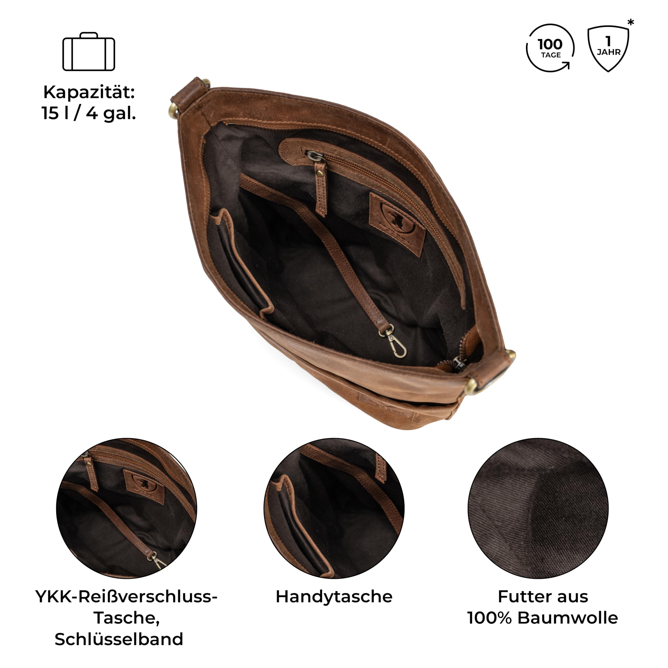 Berliner Bags Vintage Schultertasche Sofia, Umhängetasche mit 2 Riemen aus Leder, Handtasche für Frauen - Braun