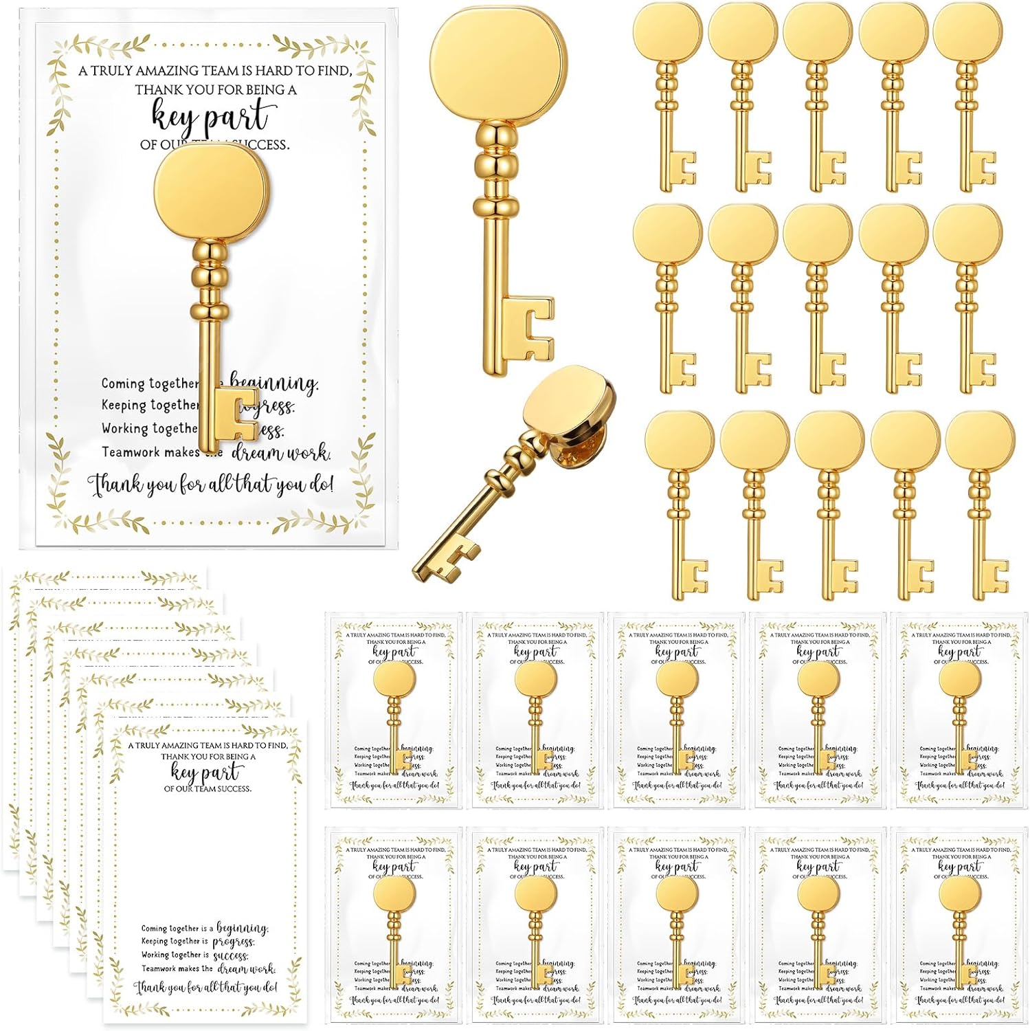 Ecally Employee Appreciation Gifts Bulk Gold Key Shaped Lapel Pin with Thank You Cards Self-Adhesive Bags Team Inspirational Gifts for Employee Staff Coworker Teachers Volunteers