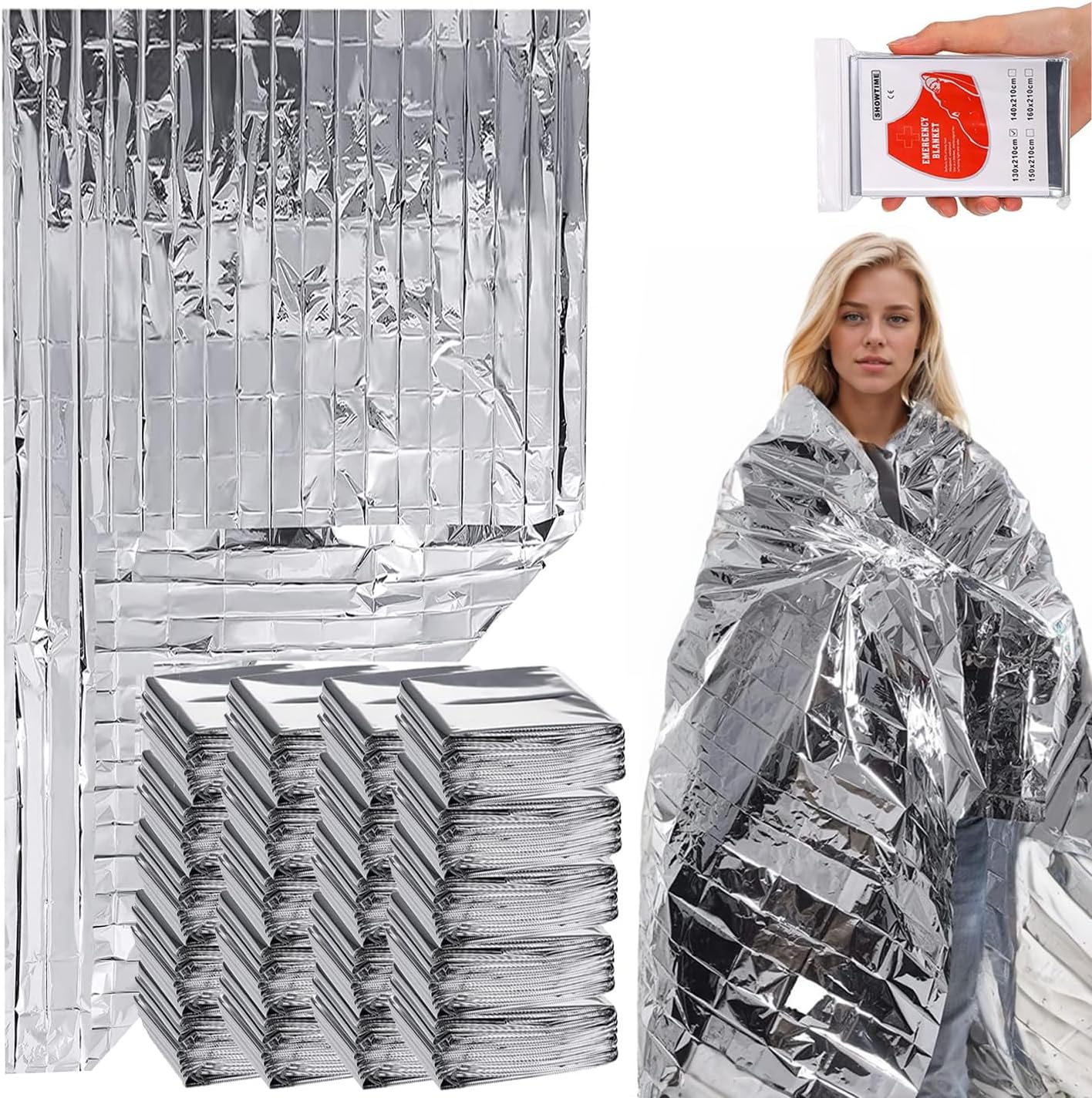 50 Pack Mylar Thermal Blankets, Extra Large Space Blankets for Marathons & Cars (82″x52″)