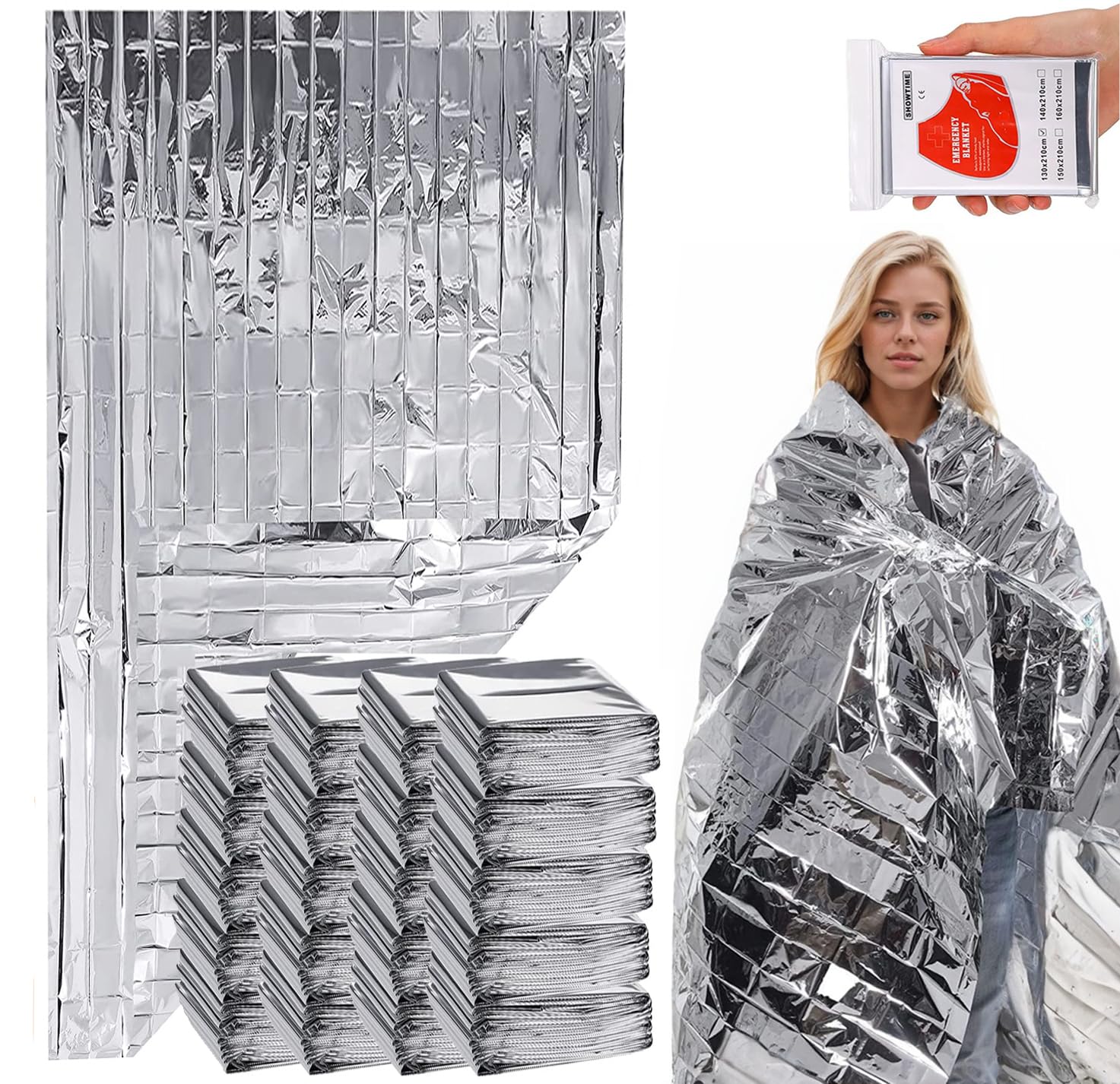 Essenhome Silver 50 Pcs Emergency Blankets,Thermal Foil Sauna Blanket,Emergency Mylar Thermal Blanket,Gigantic Space Blanket 82*52 In. Survival Blankets For Camping, Hiking, Survival, Marathons And Car Use