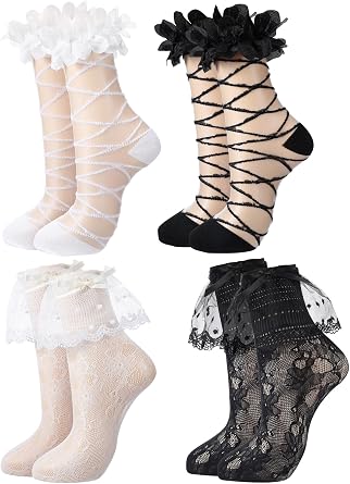 Fourluoo 4 Pairs Womens Lace Socks Ruffle Cuff Lace Anklet Socks with Trim Kawaii Lolita Boot Stockings, White Black