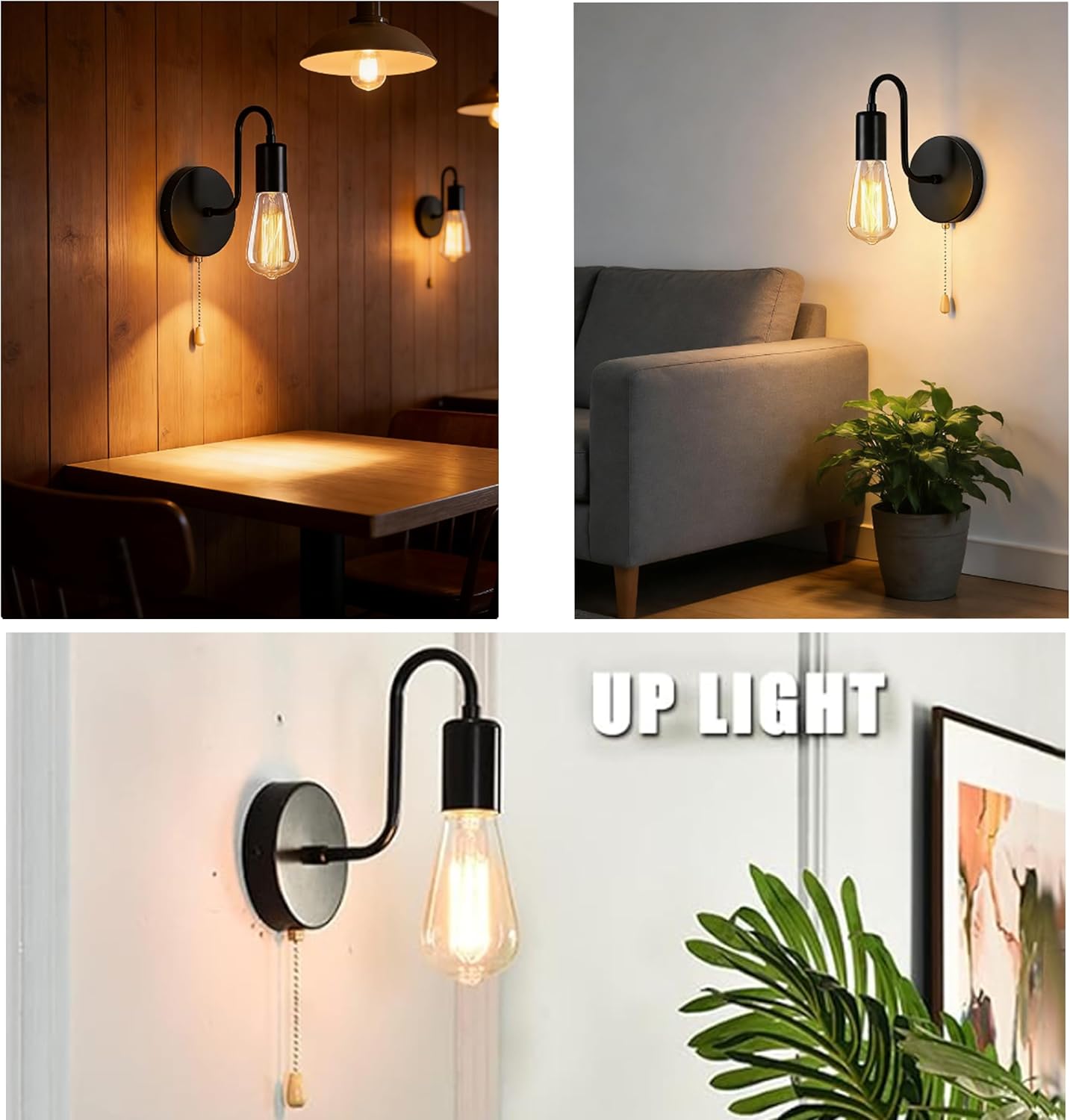 Wall Sconces Pull String Light Fixture 1-Light Vintage Industrial Wall Lamp with Light Pull Chain, Fixture Hardwired E26 Base Wall Light Fixtures for Bedroom Hallway Bathroom, On/Off Control