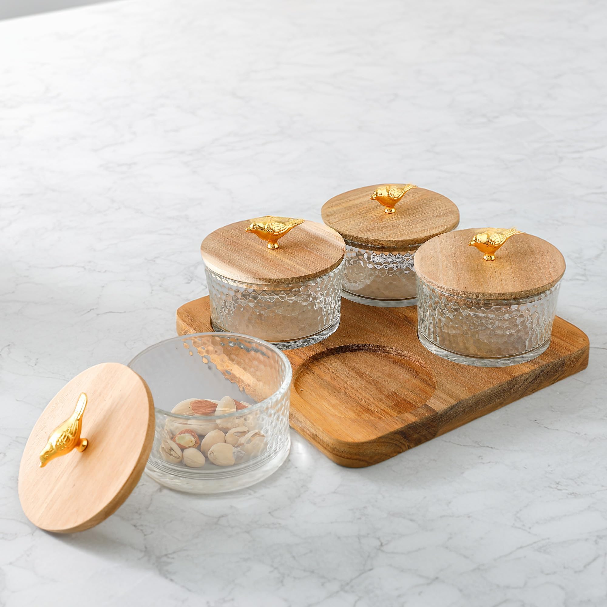 Kuber Industries Set of 4 (180ml) Round Glass Jars for Kitchen With Acacia Wooden Golden Bird Shape Knob Lid & Tray | Air Tight Masala Container & Daba Set for Dry Fruit | Transparent-ST10177B
