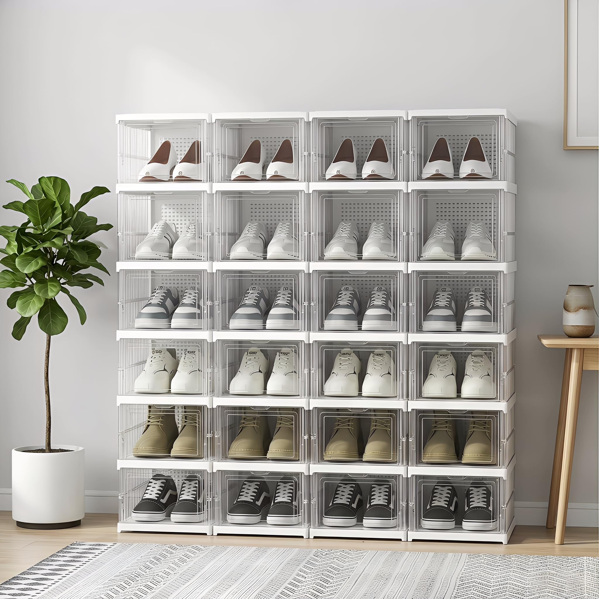 Schuhboxen Stapelbar, 24 Ebenen, Transparent, Faltbar, Dickem Kunststoff, für Sneaker bis Größe 46, Platzsparend, 1-Min Montage, Weiß