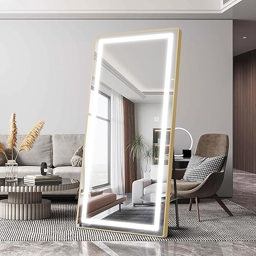 Miniatura 2 de Espejo de longitud completa con luces, espejo LED de cuerpo completo de 70 x 32 pulgadas, espejo de piso iluminado de pie, espejo colgante para