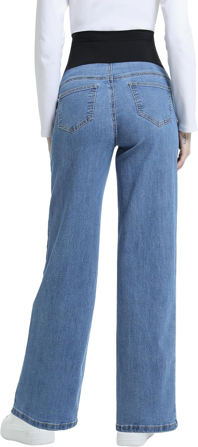 Women's Maternity Jeans Straight Legs Relaxed Fit Over Belly Comfy Stretch Pregnancy Denim Pants with Pockets - Image 5