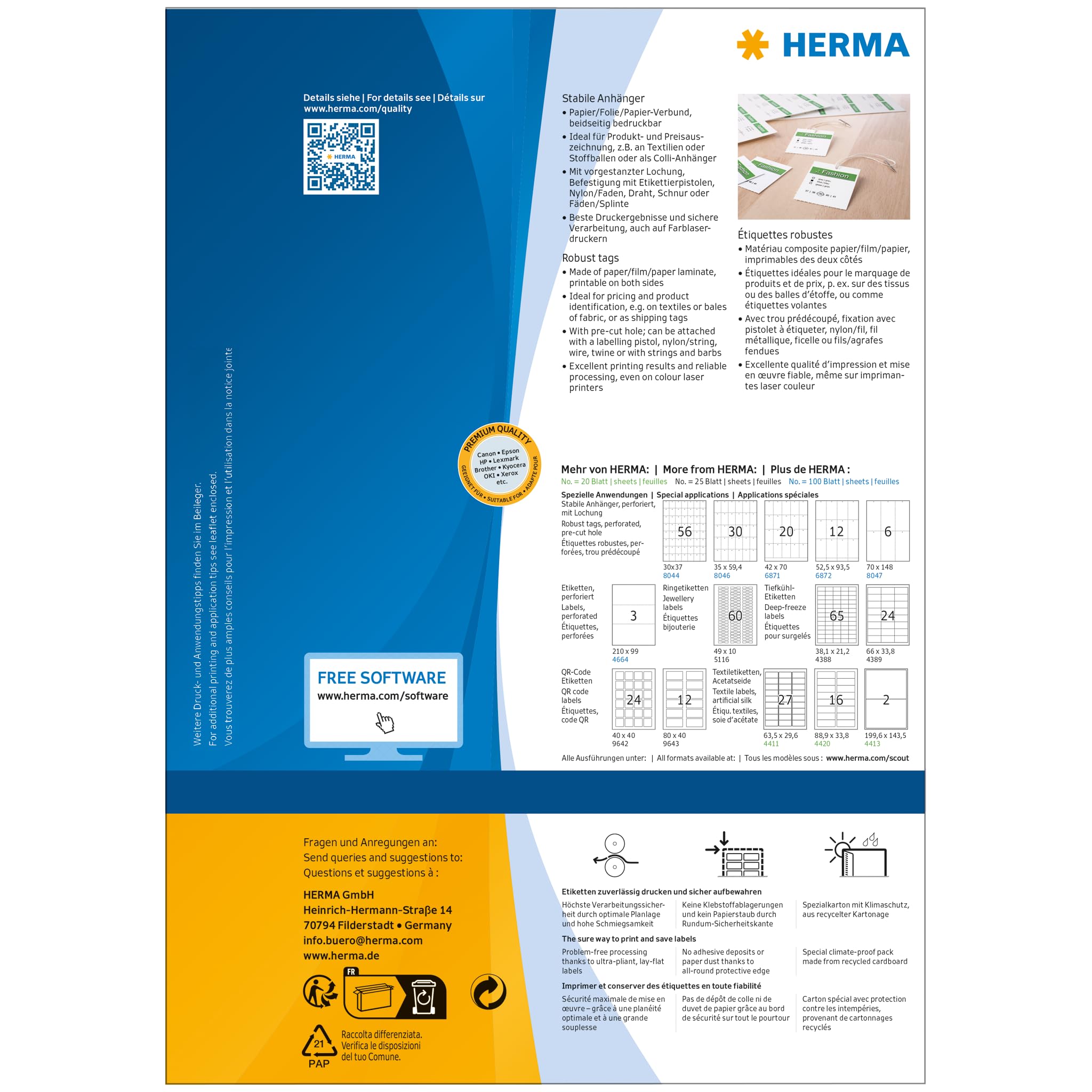 HERMA 6871 Stabile Anhänger perforiert, 100 Blatt, 42 x 70 mm, 20 pro A4 Bogen, 2000 Stück, bedruckbar, matt, blanko Preisanhänger Produktanhänger aus Papier/Folie/Papier-Verbund, weiß