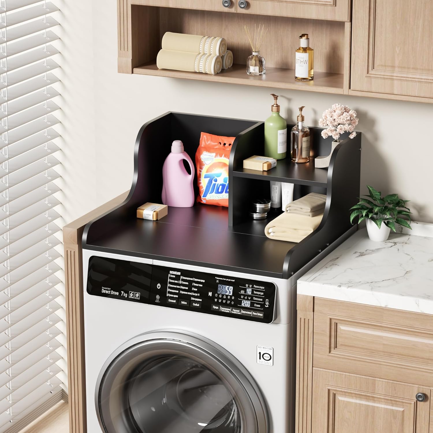 DTK Washer Dryer Countertop with Shelf,27.5" D x 27" W x 11.8" H Wood Countertop for Washer and Dryer,Laundry Countertop with Anti-Slip Strips and Edge Rails,Dryer Countertop for Laundry Room(Black)