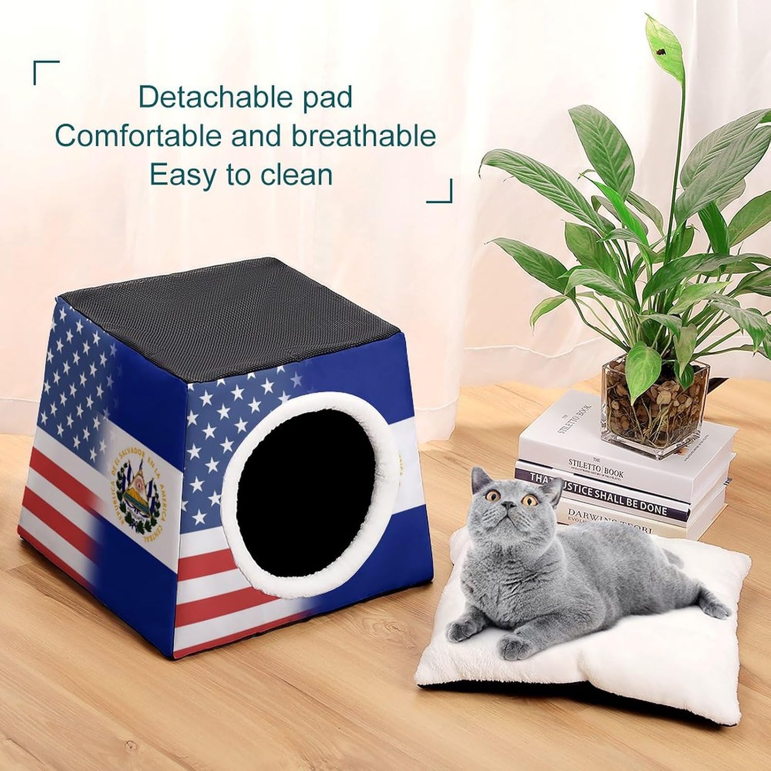 Generic US and El Salvador Flag Cat House for Indoor with Spacious Cat Nest, style-36-6