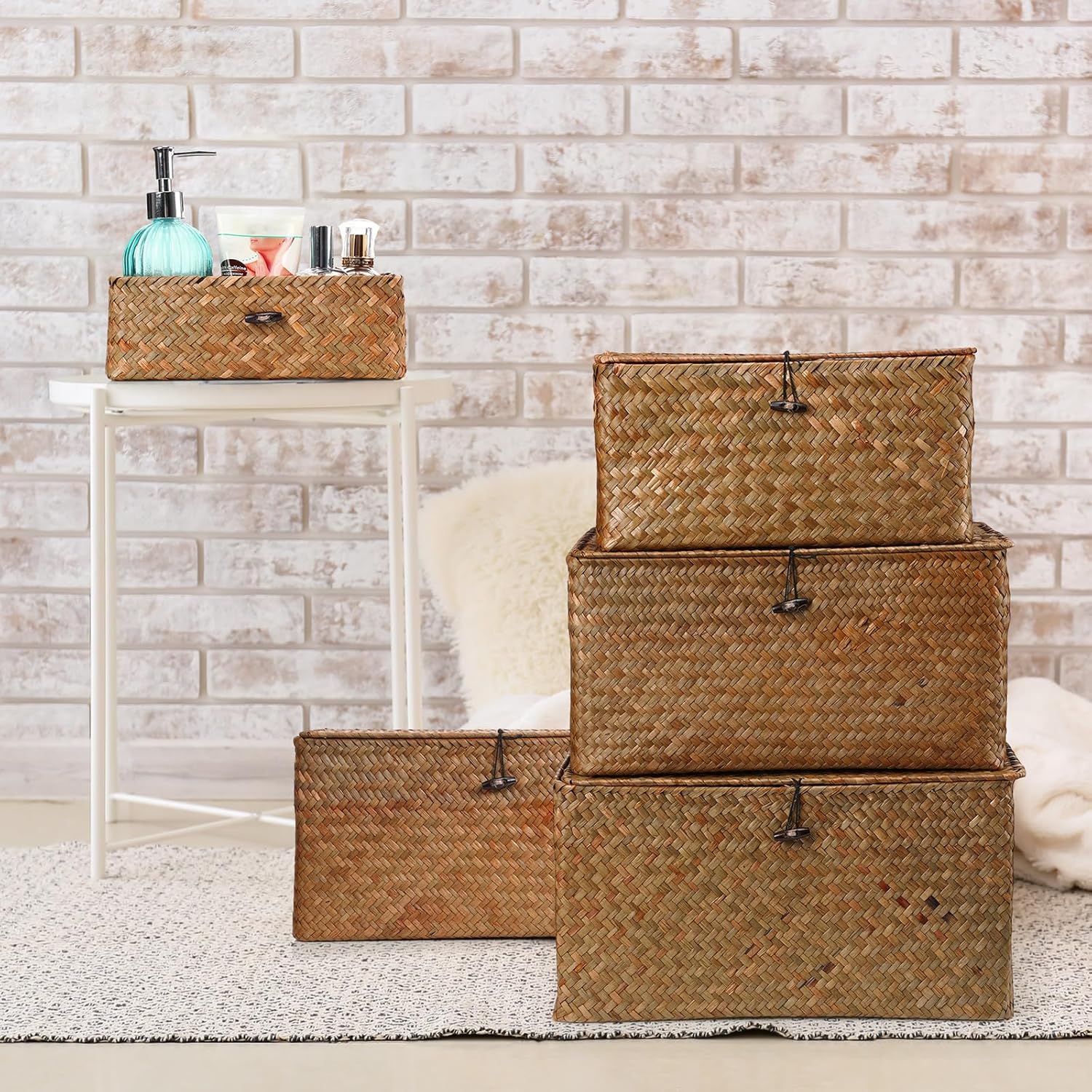 Kigley 6 Pcs Seagrass Basket with Lid Wicker Storage Decorative Boxes with Lids Bin Woven Organizer for Shelf Closet Bedroom, 6 Sizes(Classic Style,Dark Brown)