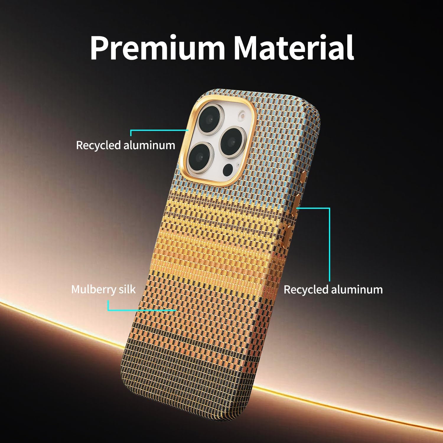 LUCKY BEAN for iPhone 16 Pro Max Case, Natural Silk with Gold Thread All Inclusive Silk Phone Case, Protective Shock Grade Shell (Sunset Gold)