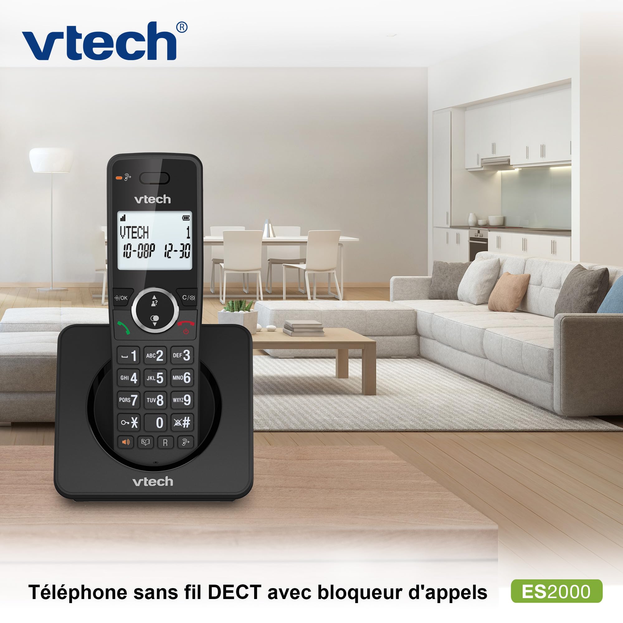 VTech ES2000 Téléphone sans Fil DECT avec Blocage d'appel, contrôle du Volume, Identification de l'appelant/Appel en Attente, 18 Heures d'autonomie, numérotation Rapide, Noir